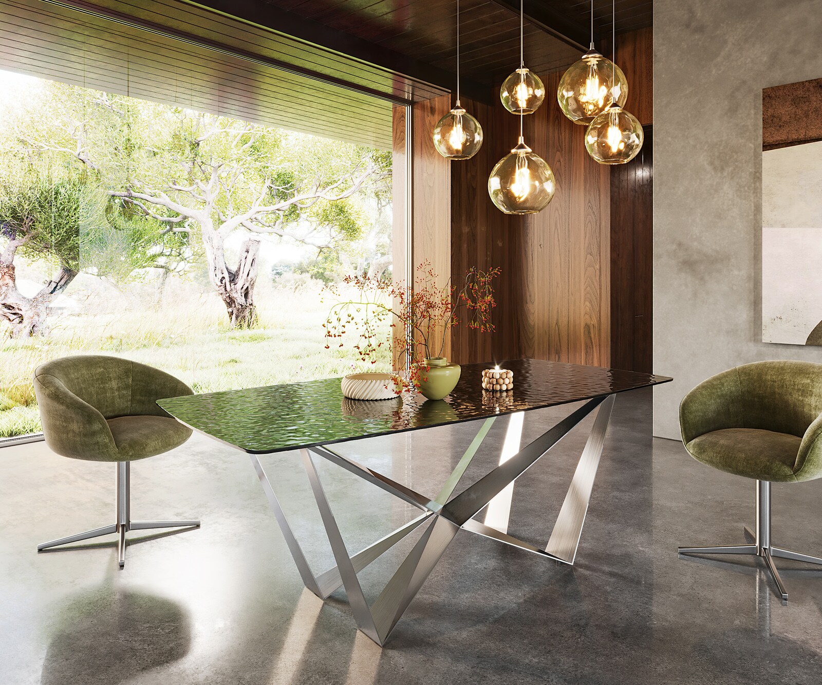 Eetkamertafel Edge Boot 200x100 Glas smelten rokerig zwart 3D-Relief spider vlak staal RVS 3