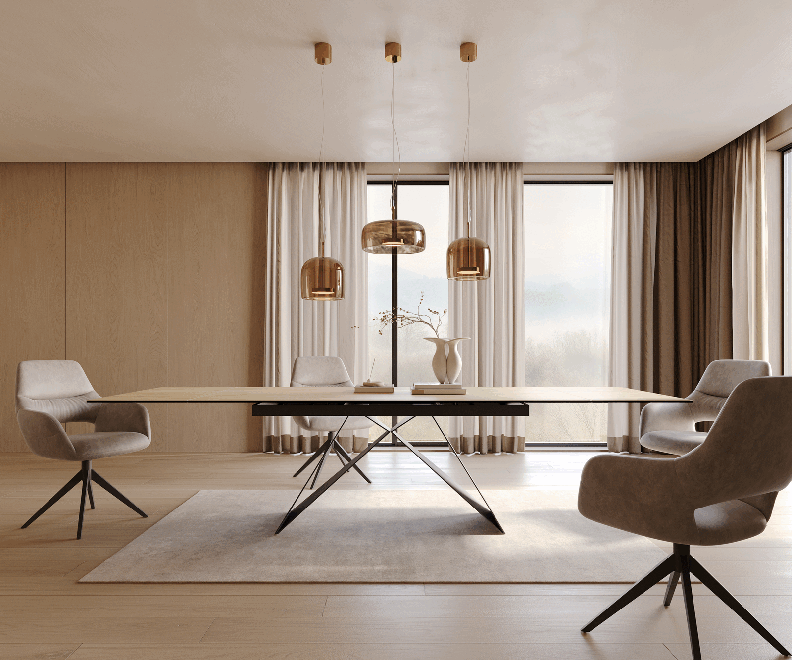 Eetkamertafel Edge 200-300x100 keramiek Laminam® Sabbia eiken kleur V-frame vlak staal zwart uitschuifbaar 1