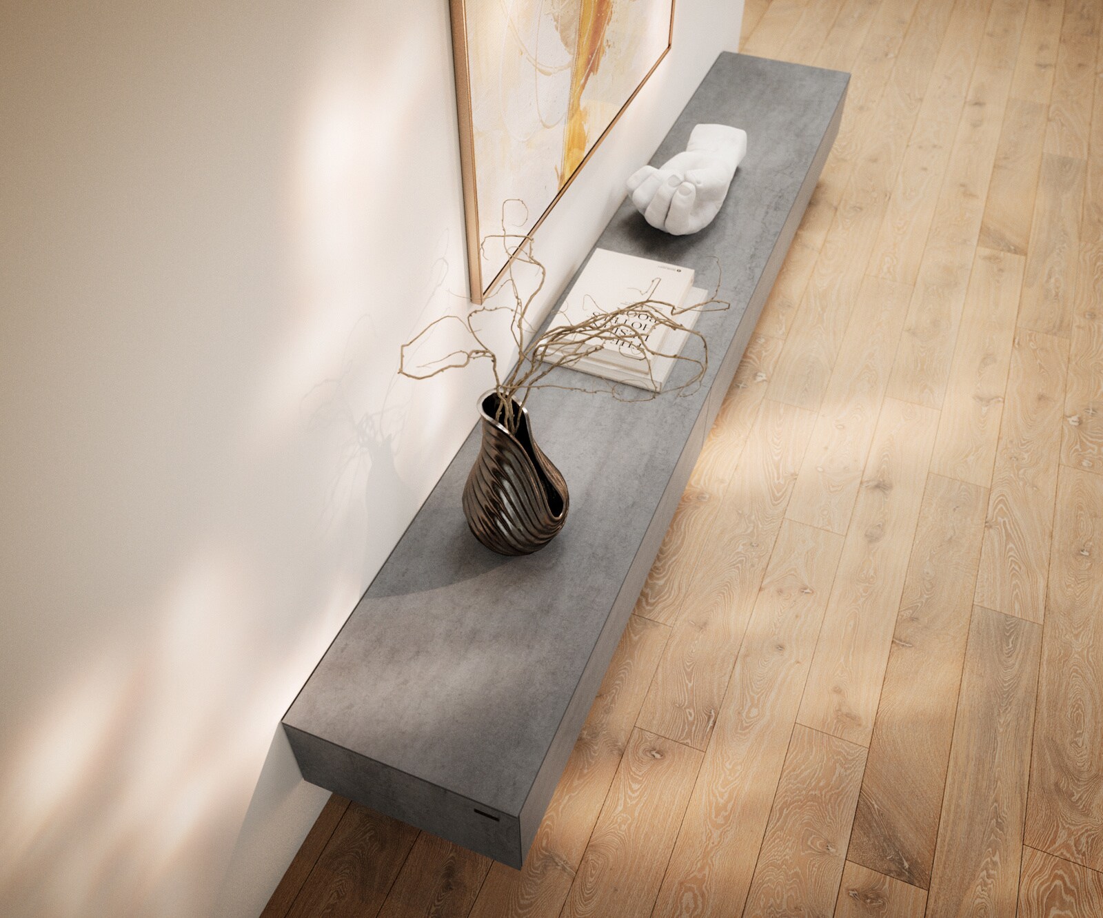 Tv-meubel Cuor 250 cm Keramiek Beton Grijs 1 Flap 1 Laden Zwevende voet look Roestvrij staal 4