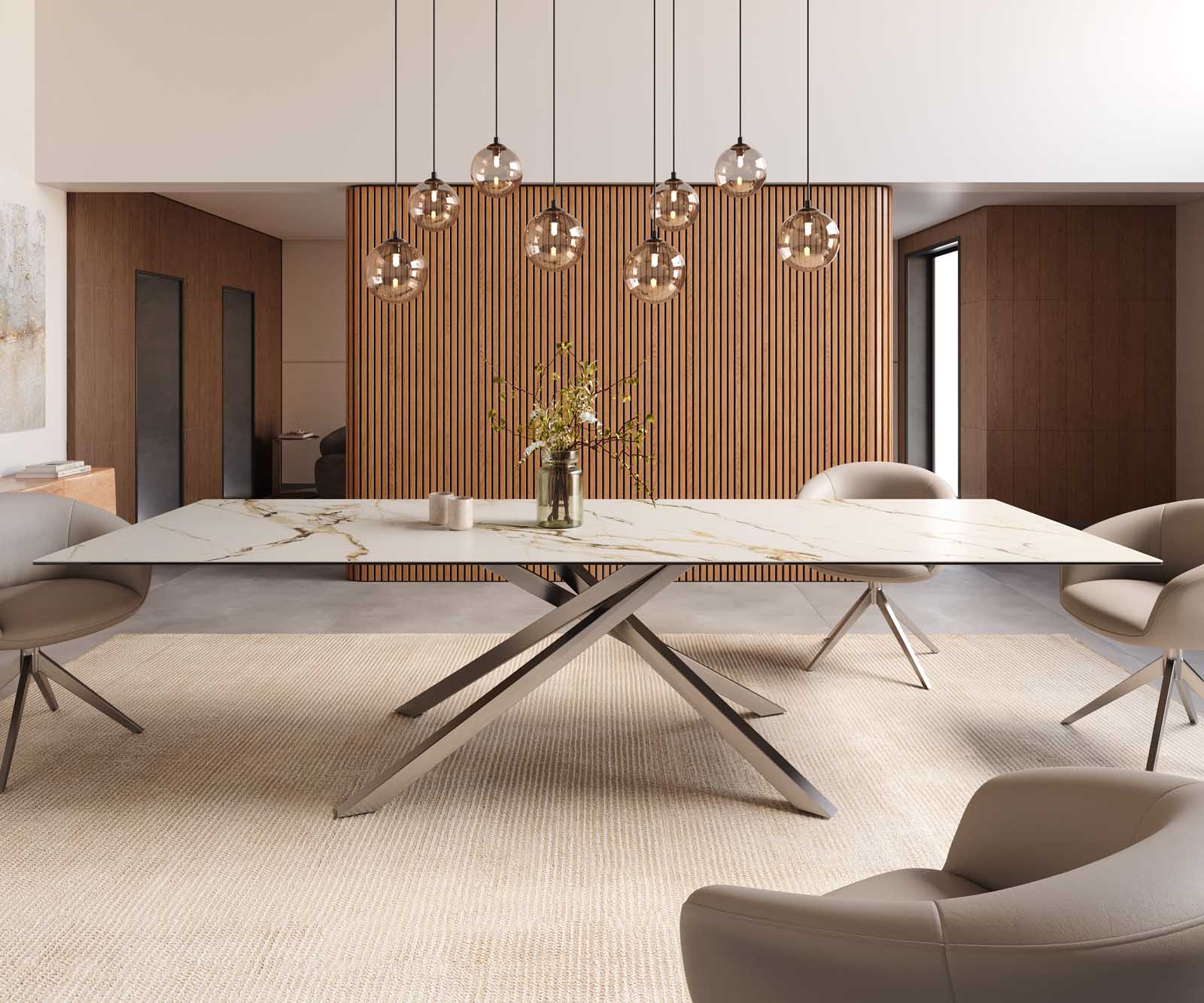 Eetkamertafel Edge 300x100 keramiek Calacatta Luxe wit-goud-grijs kruisframe rechthoek RVS 2