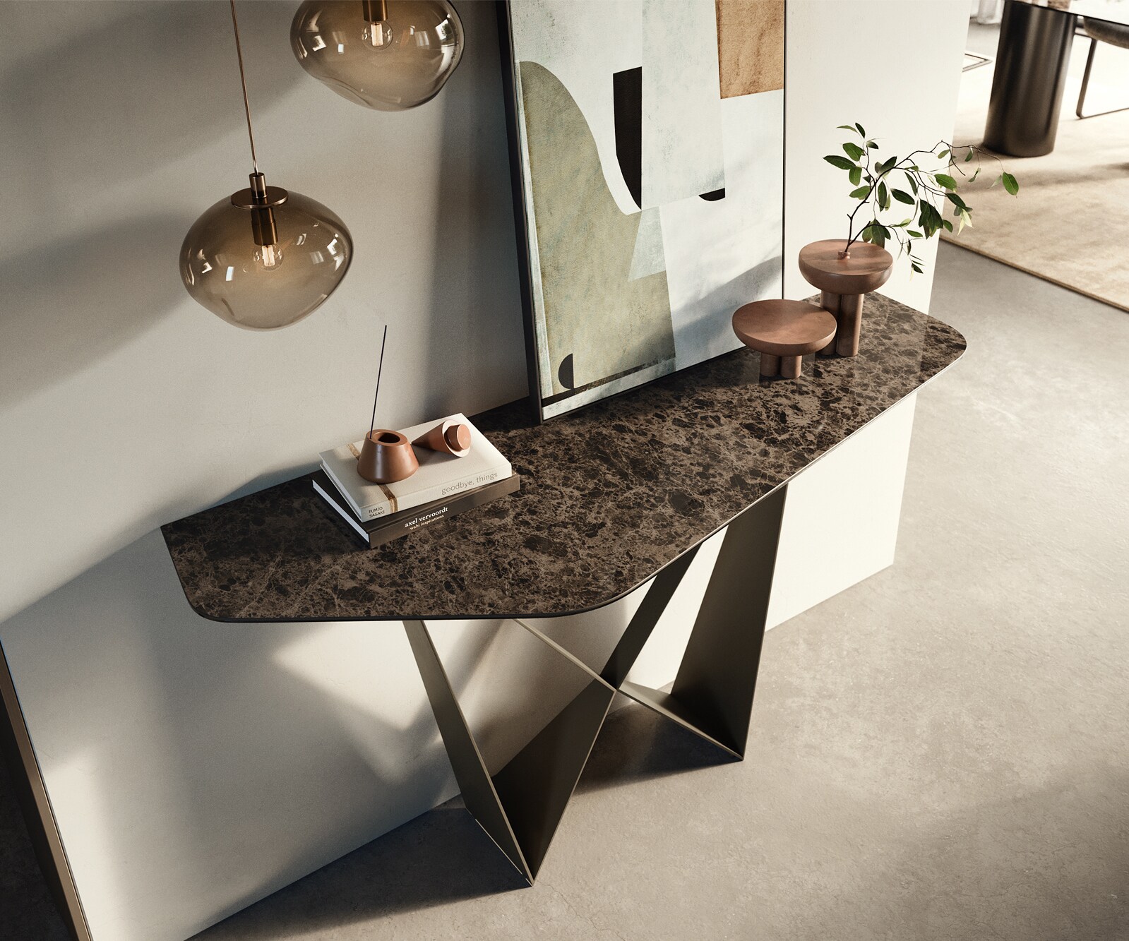Consoletafel Edge Polygonaal 140x50 cm Keramiek Emperador Extra Lucidato Dunkelbraun Spios Metaal Effektfinish Titan 1