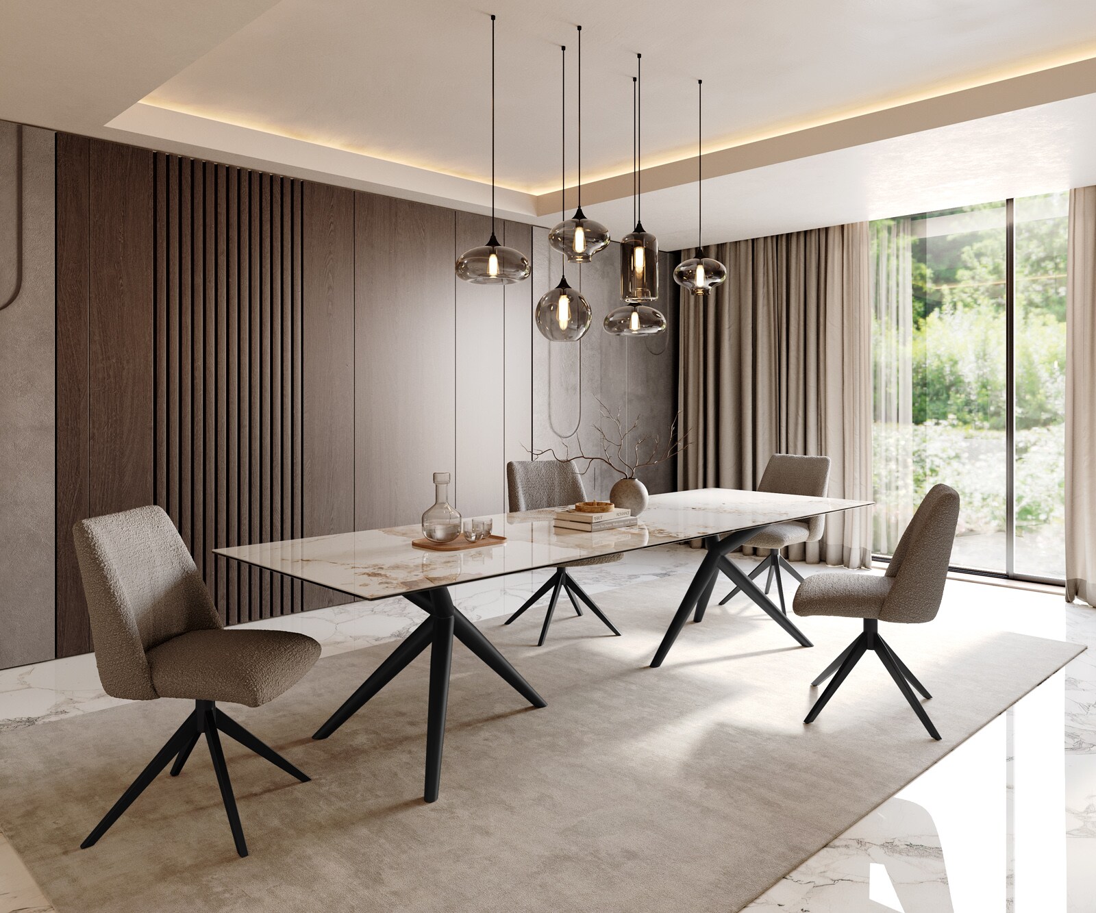 Eetkamertafel Edge 300x100 keramiek Minas Melange wit-Beige Estelar rond  metaal zwart 6