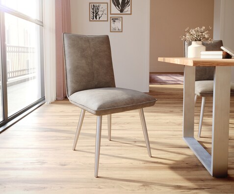 Eetkamerstoel Lelio-Flex microvelours taupe vintage 4-poot conisch roestvrij staal pocketveer kern