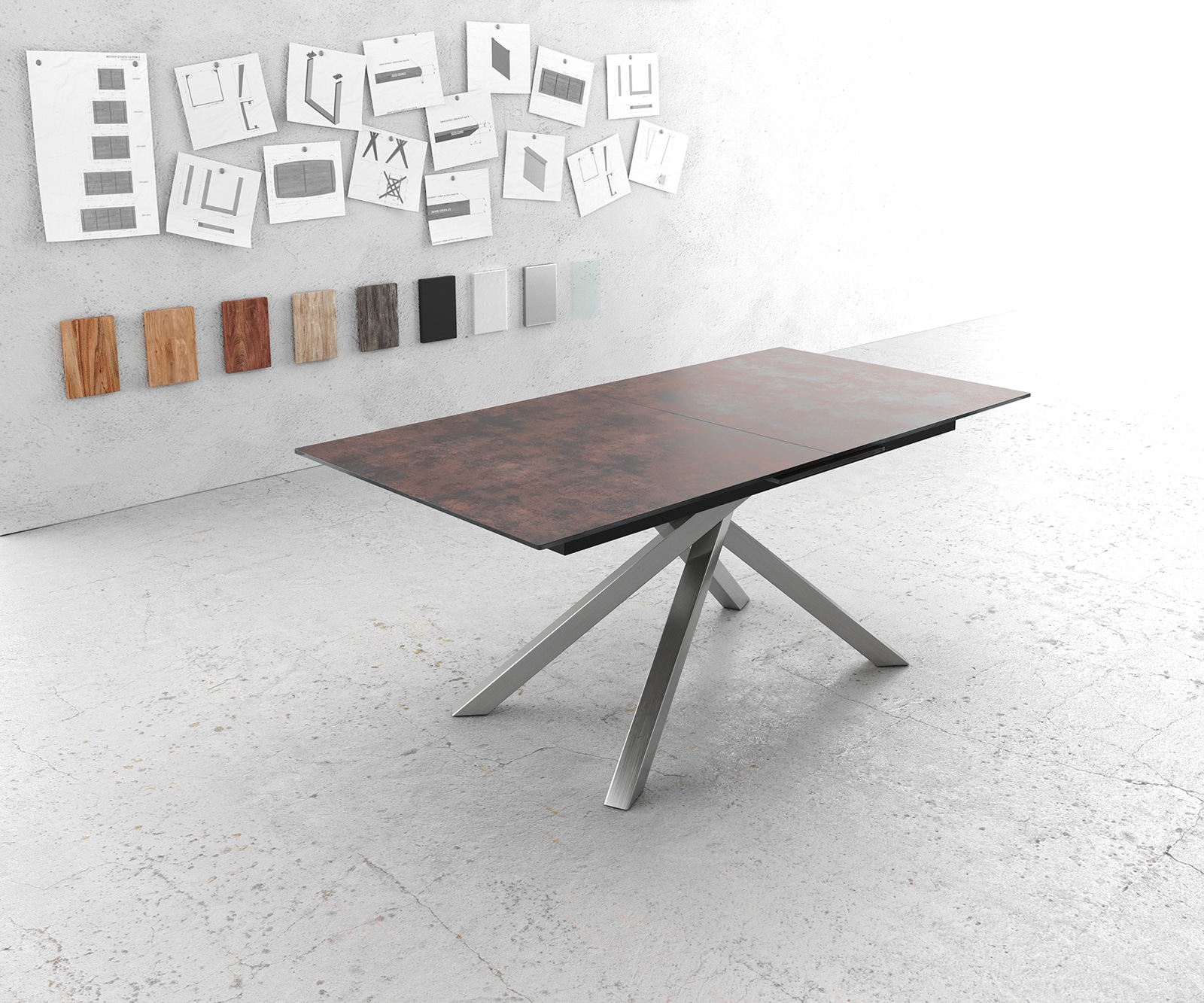 Eettafel Edge 180-220x90cm verre antiek-bruin middenpoot kruis zilver 1 Eettafel Edge 180-220x90cm verre antiek-bruin middenpoot kruis zilver 1