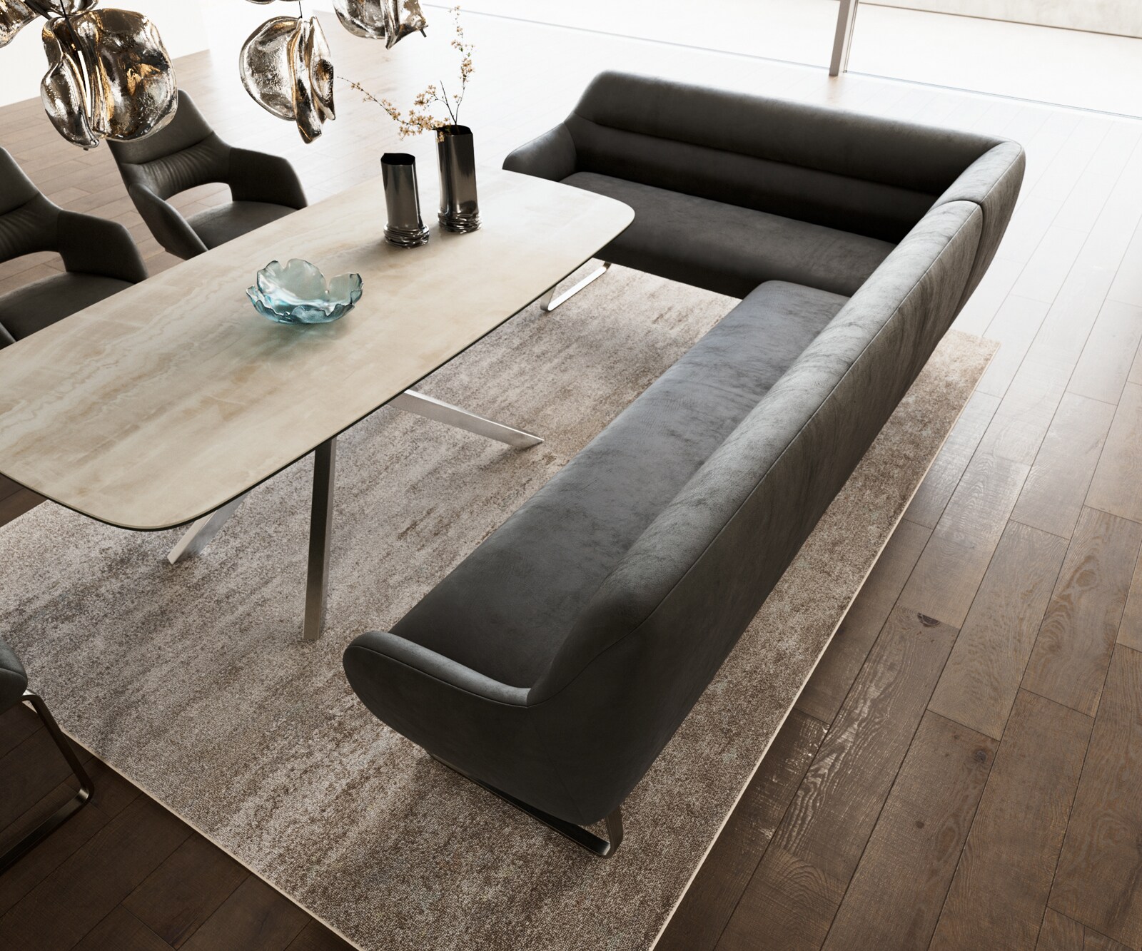 Eetkamerbank Taya-Flex 285x190 cm microvelours anthraciet vintage platte sledebasis roestvrij staal pocketvering rechts 4