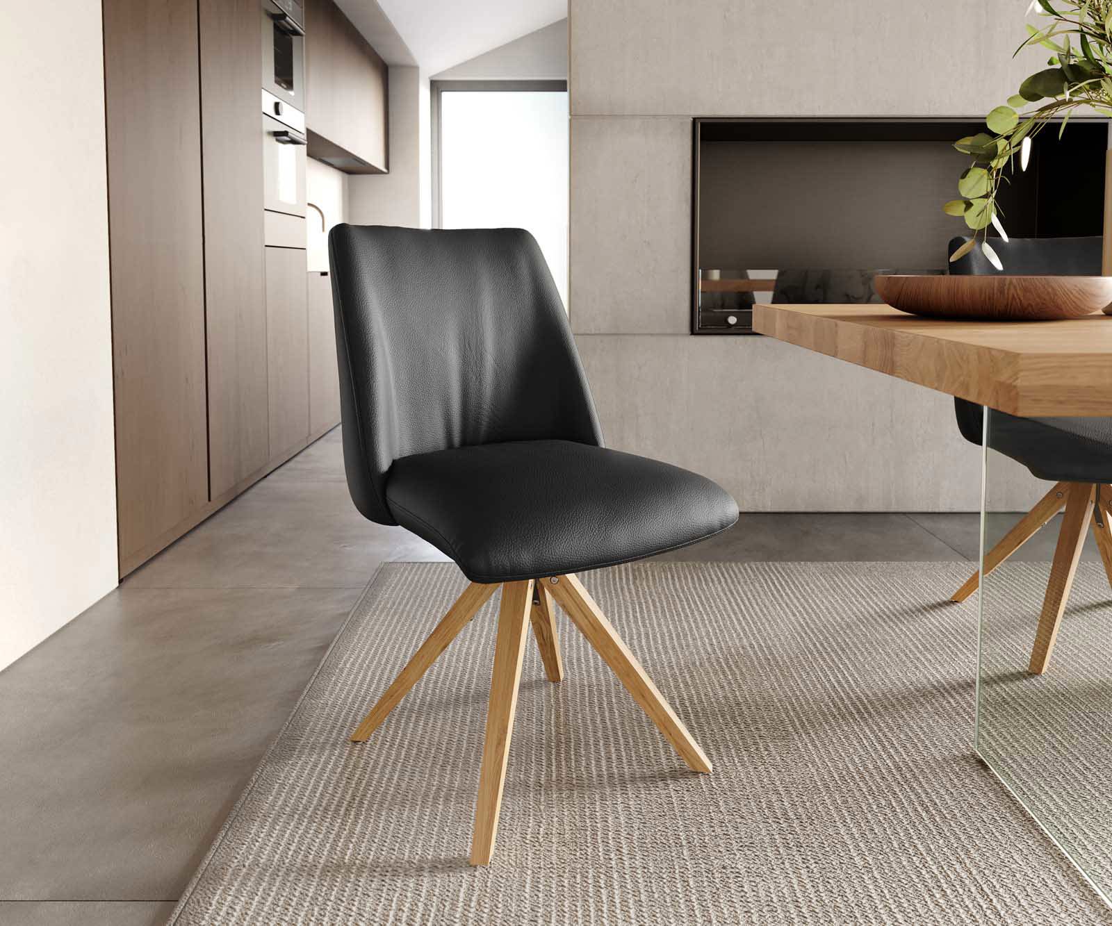 Draaistoel Elso-Flex echt leer zwart houten frame hoekig natuur 180° draaibaar pocketveer kern