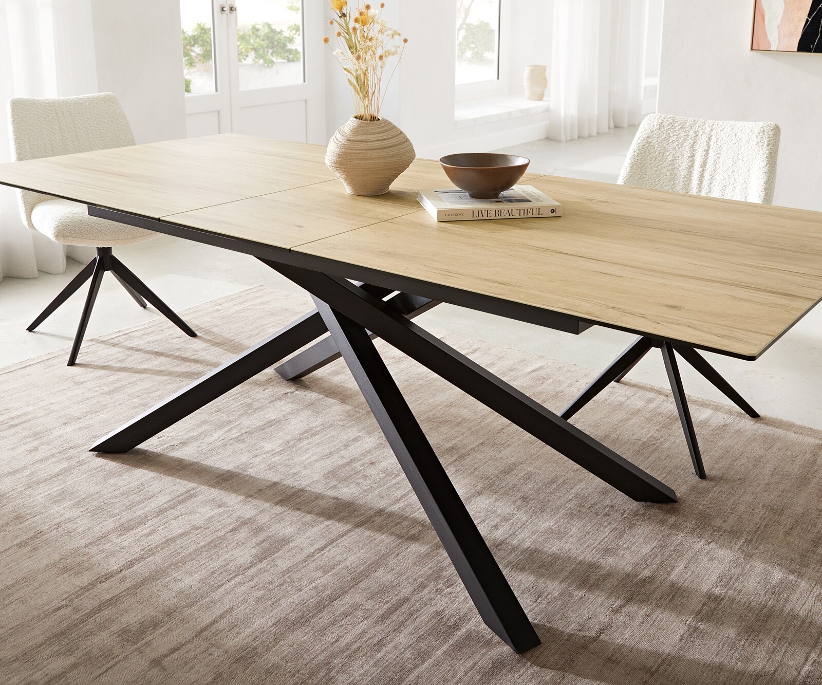Eetkamertafel Edge 180-220x100 keramiek Laminam® Sabbia eiken kleur kruisframe rechthoek zwart uitschuifbaar 7