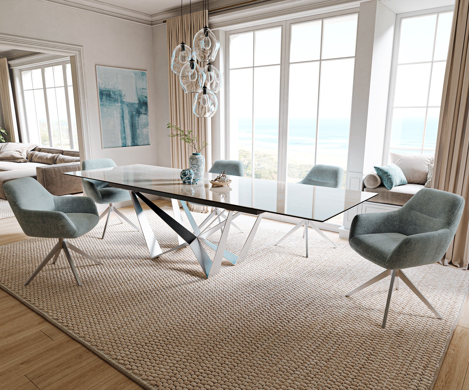 Eettafel Edge 200-300x100 cm keramiek Onyx Champagne Spider plat staal roestvrij staal uittrekbaar 7