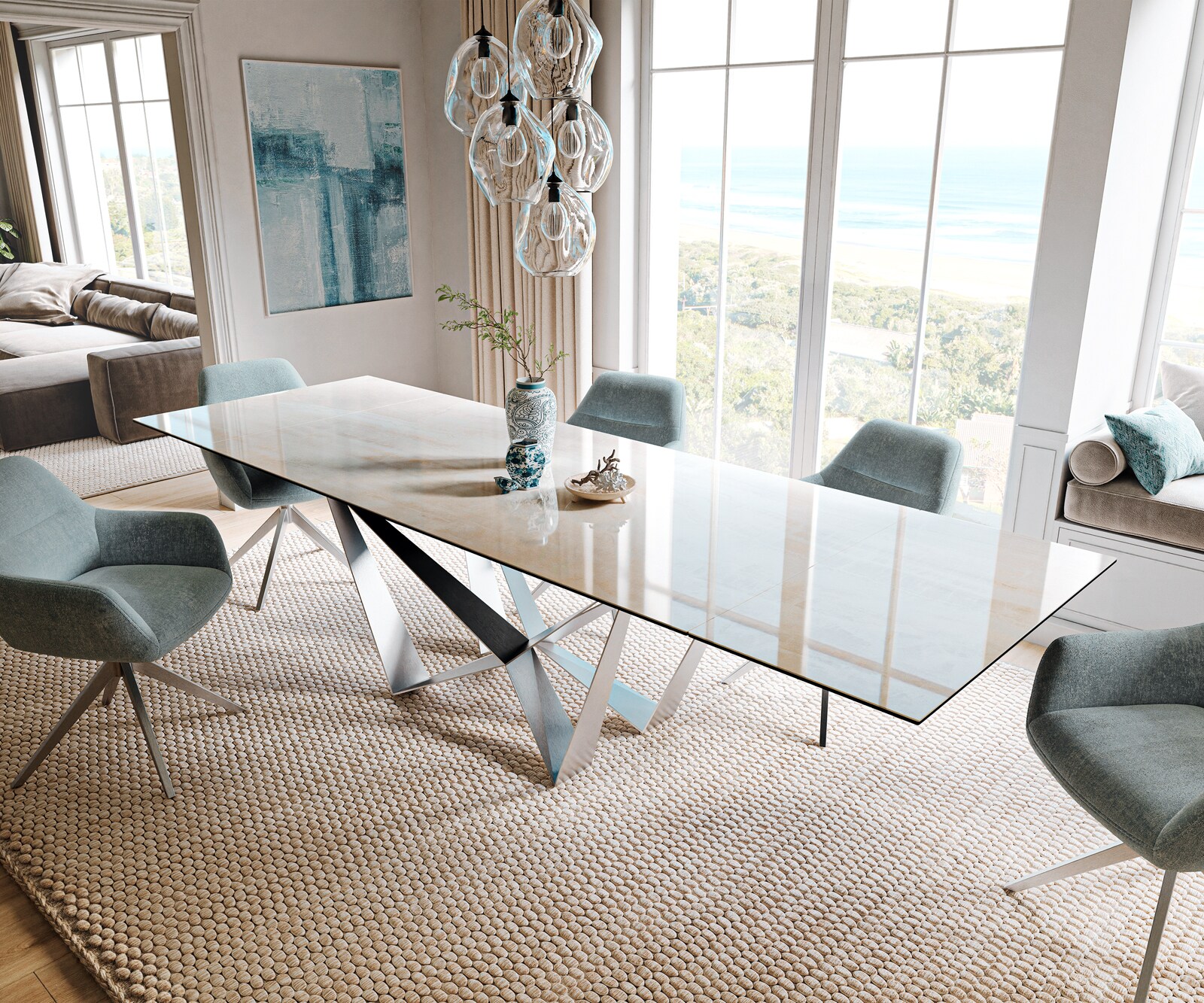 Eettafel Edge 200-300x100 cm keramiek Onyx Champagne Spider plat staal roestvrij staal uittrekbaar 1