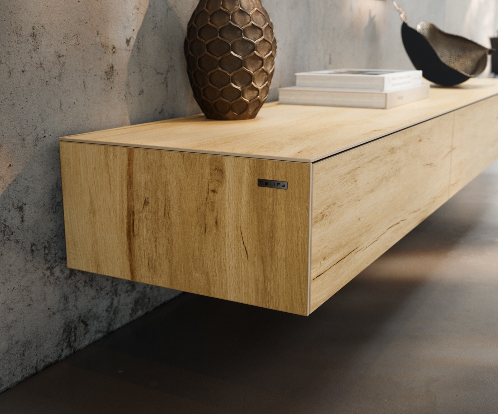 Tv-meubel Cuor 200 cm Keramiek Laminam® Sabbia Eiken gekleurd 1 Flap 1 Lade Zwevende voet look Metaal Zwart 5