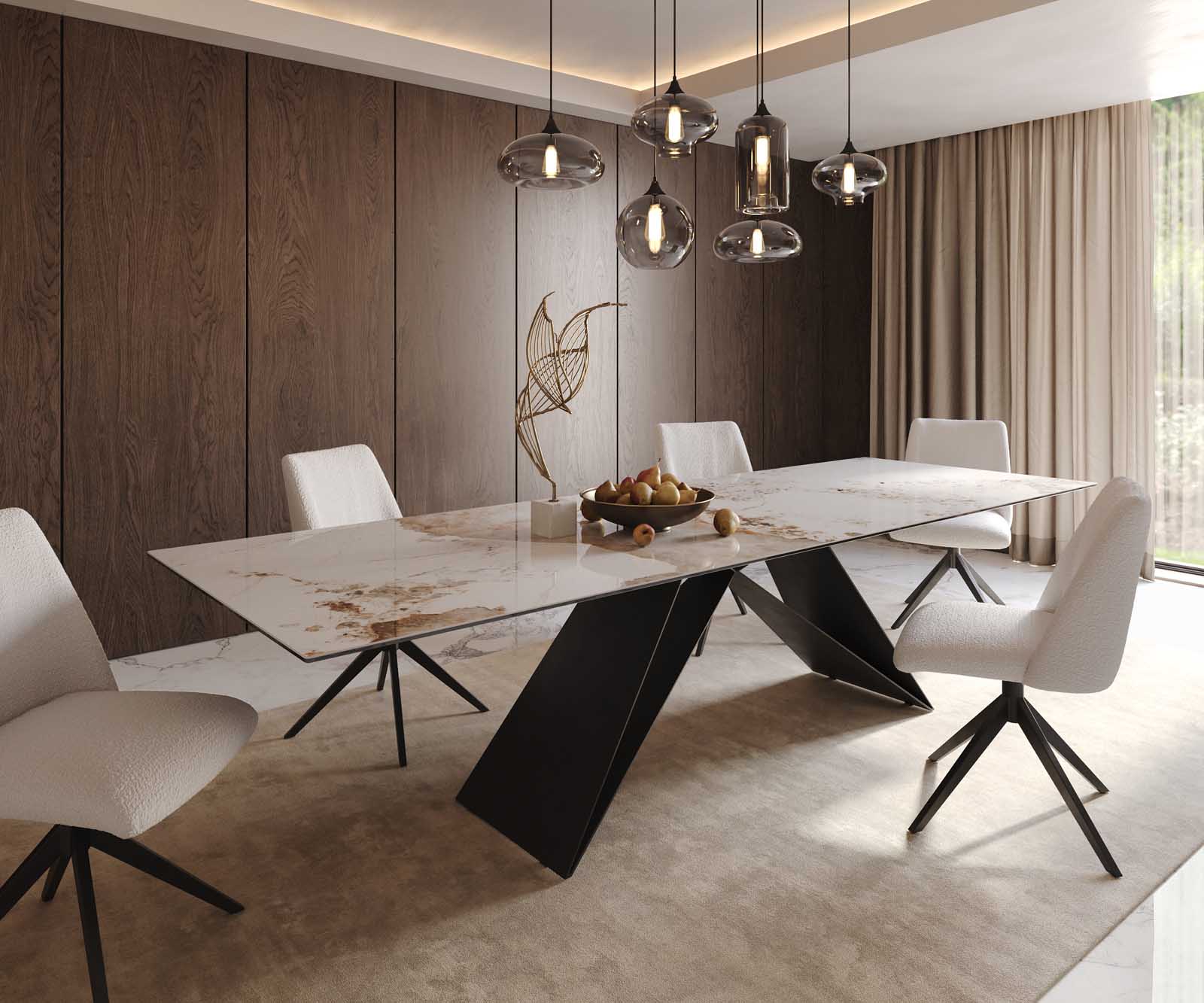 Eetkamertafel Edge 300x100 keramiek Minas Melange wit-beige V-frame vlak staal zwart 1