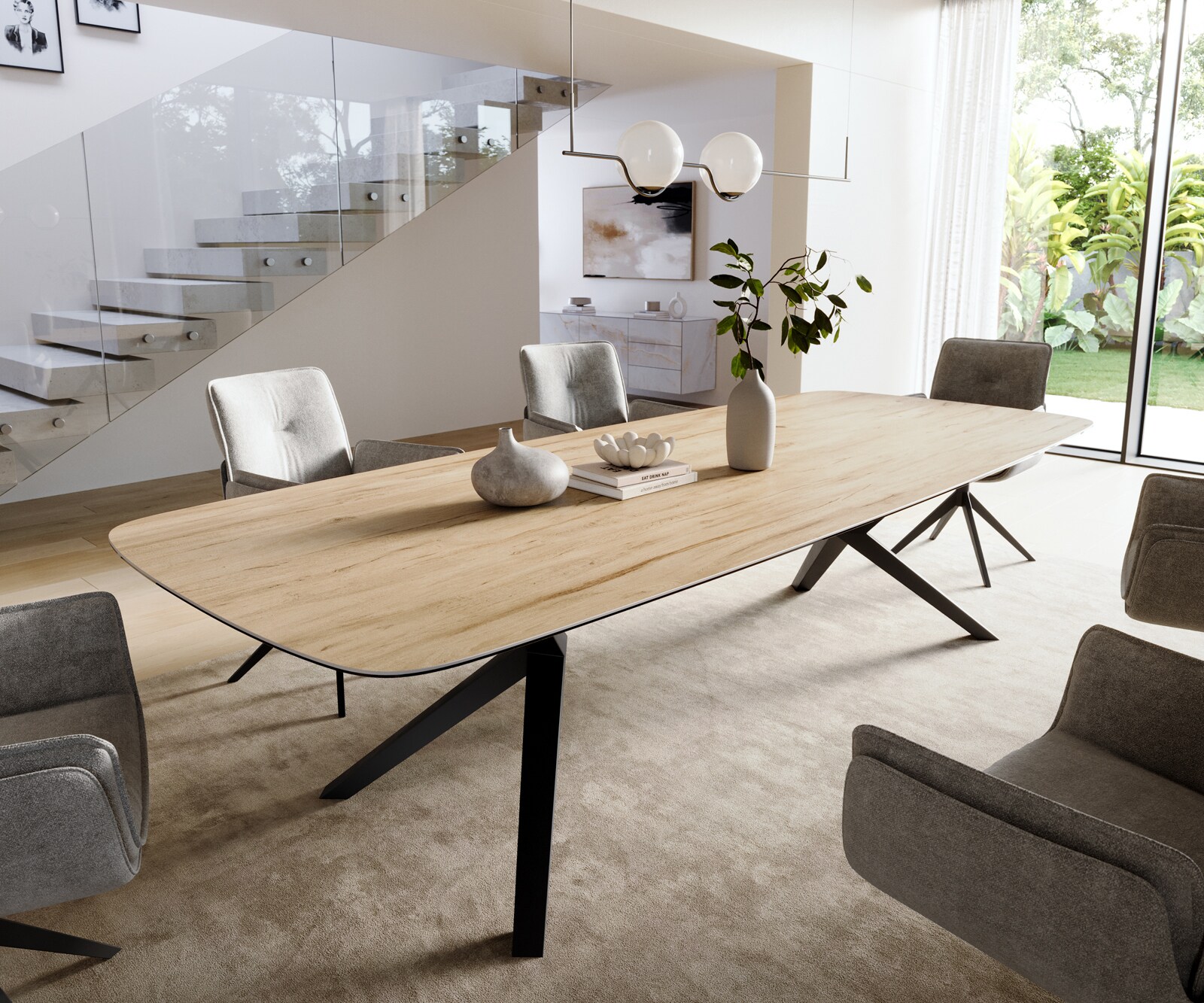 Eettafel Edge Boot 300x120 cm Keramiek Laminam® Sabbia Eichefarbig Zenthara hoekig Metaal Zwart 1