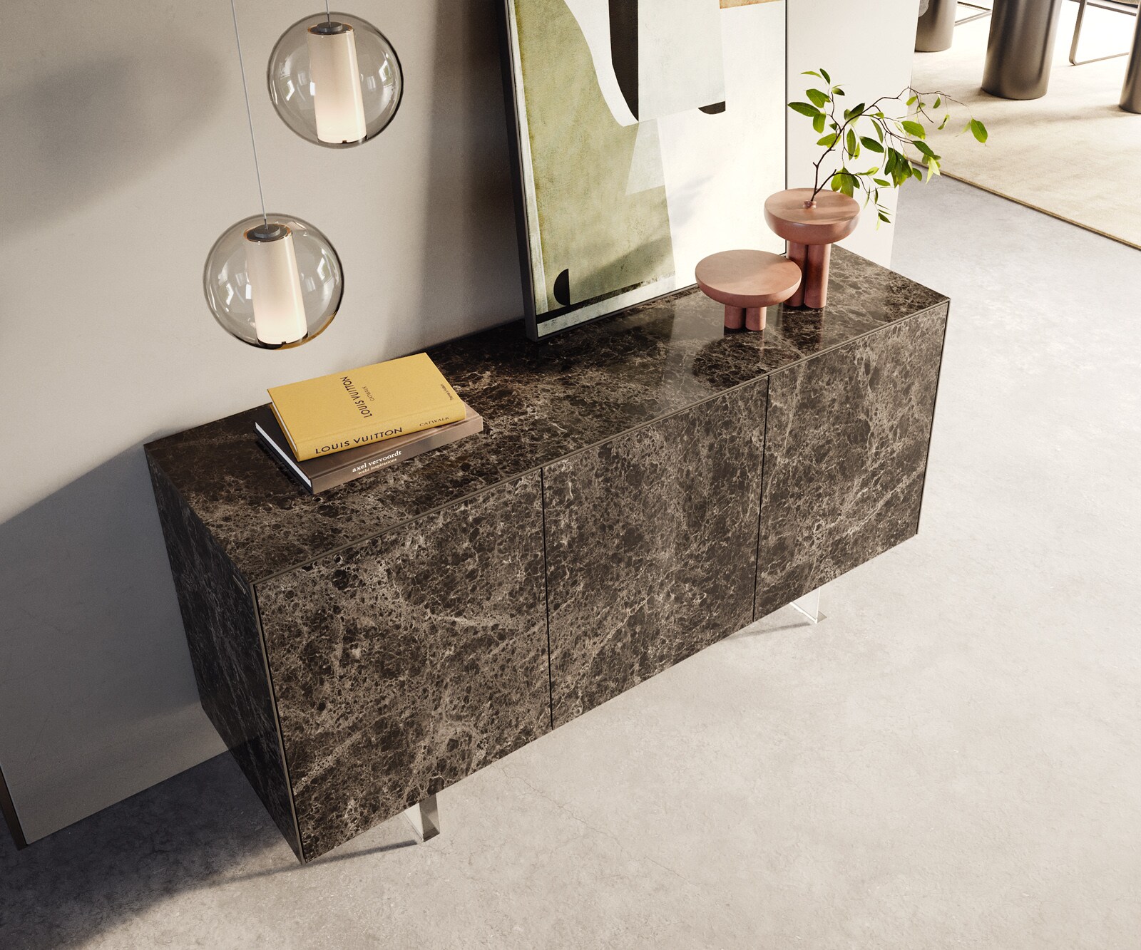 Dressoir Cuor 150 cm Keramiek Laminam® Emperador Extra Lucidato Donkerbruin 3 Deuren Zwevende voet look Acrylglas 3