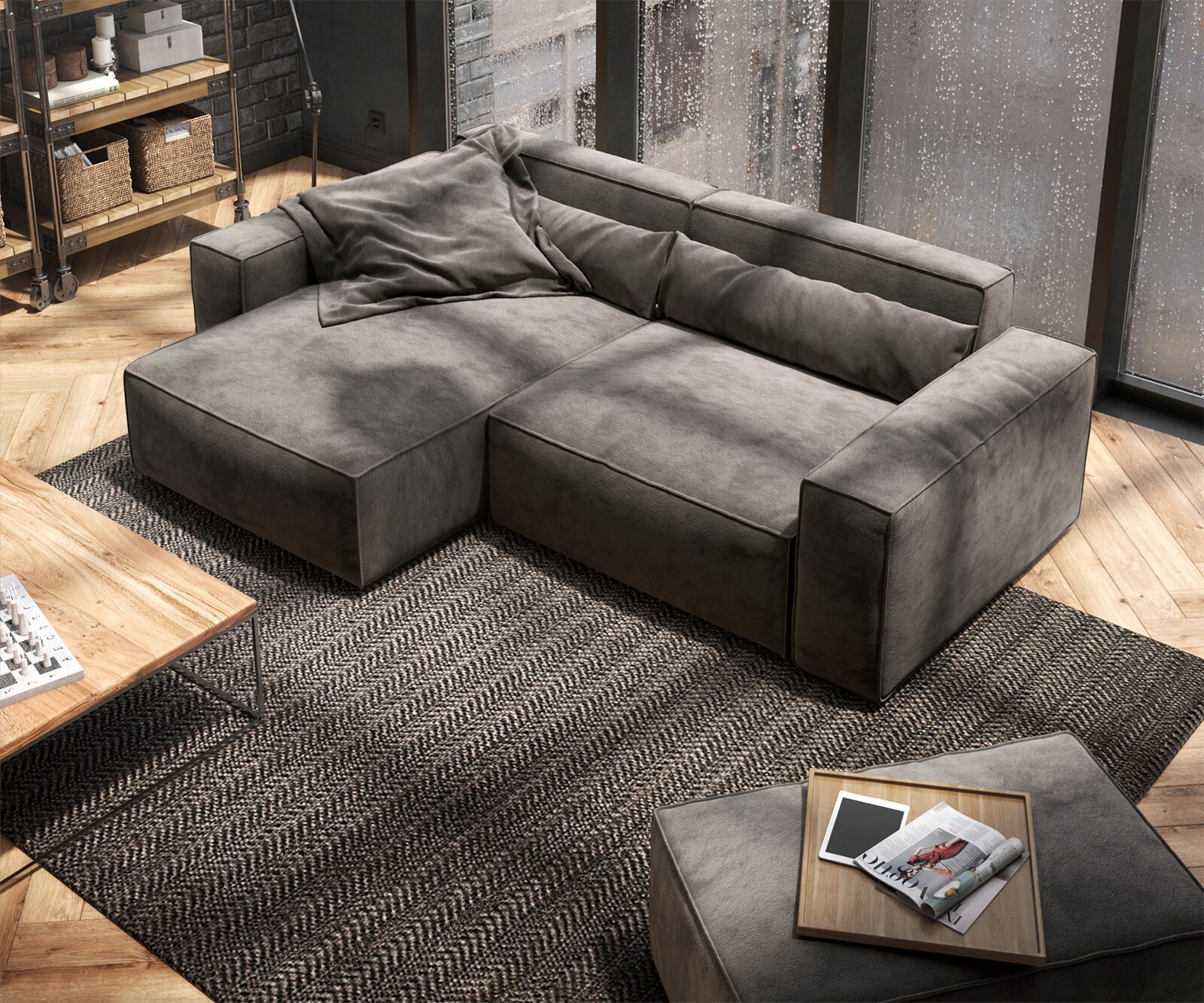 Hoekbank Sirpio 230x155 cm microvezel kaki bruin variabele rugleuning met kruk 3 Hoekbank Sirpio 230x155 cm microvezel kaki bruin variabele rugleuning met kruk 3
