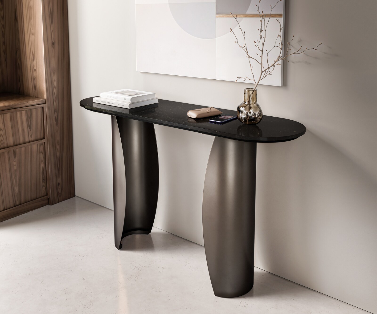 Consoletafel Solena 135x40 cm marmer zwart zilver metaal zwart antiek