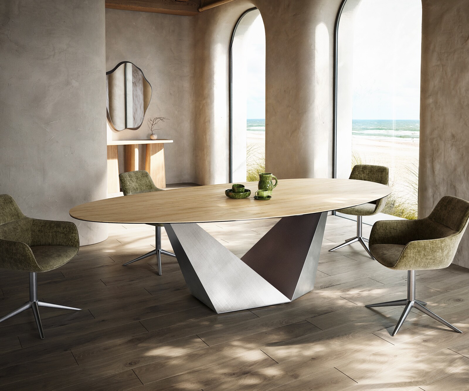 Eettafel Edge Oval 280x130 keramiek  Laminam® Sabbia Eichefarbig Prisma metaal zilver 2