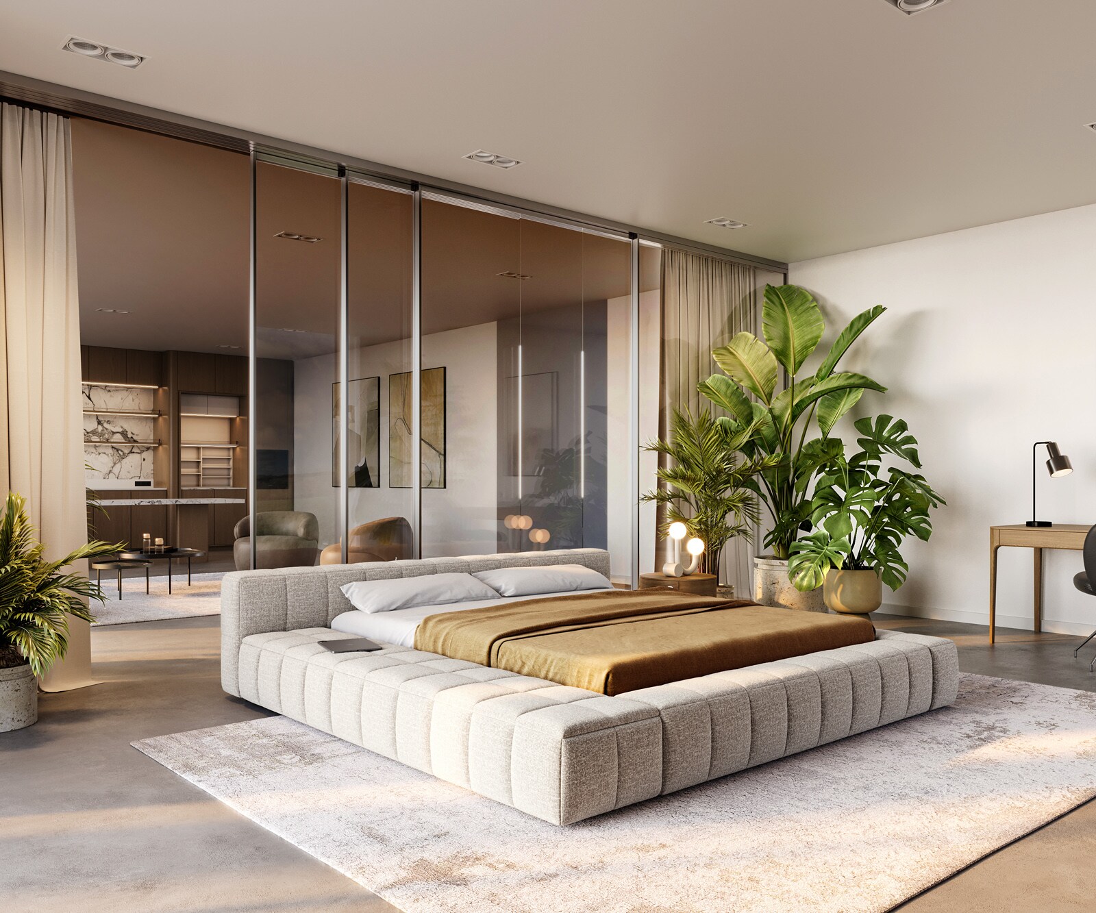 Gestoffeerd bedframe Espazio 180x200 cm geweven stof Soft Beige