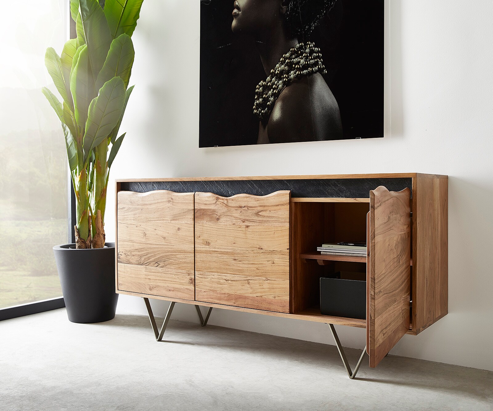 Dressoir Stonegrace 147x45 cm natuur acacia 3 deuren boomrand 4