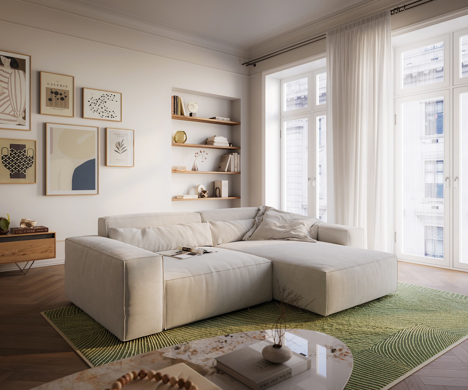Hoekbank Sirpio XL 270x170 cm Zachte structuurstof Beige Chaise longue variabel