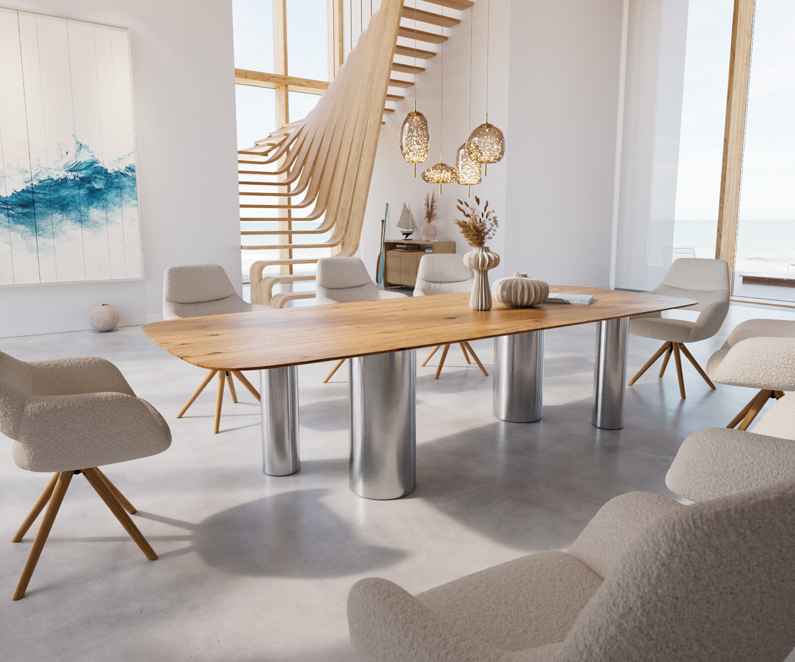 Eetkamertafel Edge Boot 300x120x2,5-3 eiken natuurPilier roestvrij staal geborsteld zwitserse rand 1