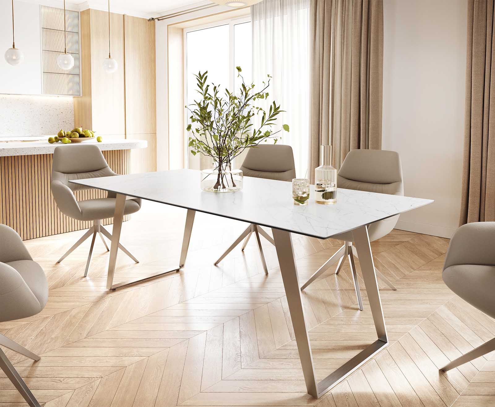 Eettafel Edge 200x100 keramiek Laminam® Statuarietto wit roestvrij staal hoekig