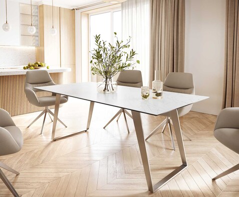Eettafel Edge 200x100 keramiek Laminam® Statuarietto wit roestvrij staal hoekig