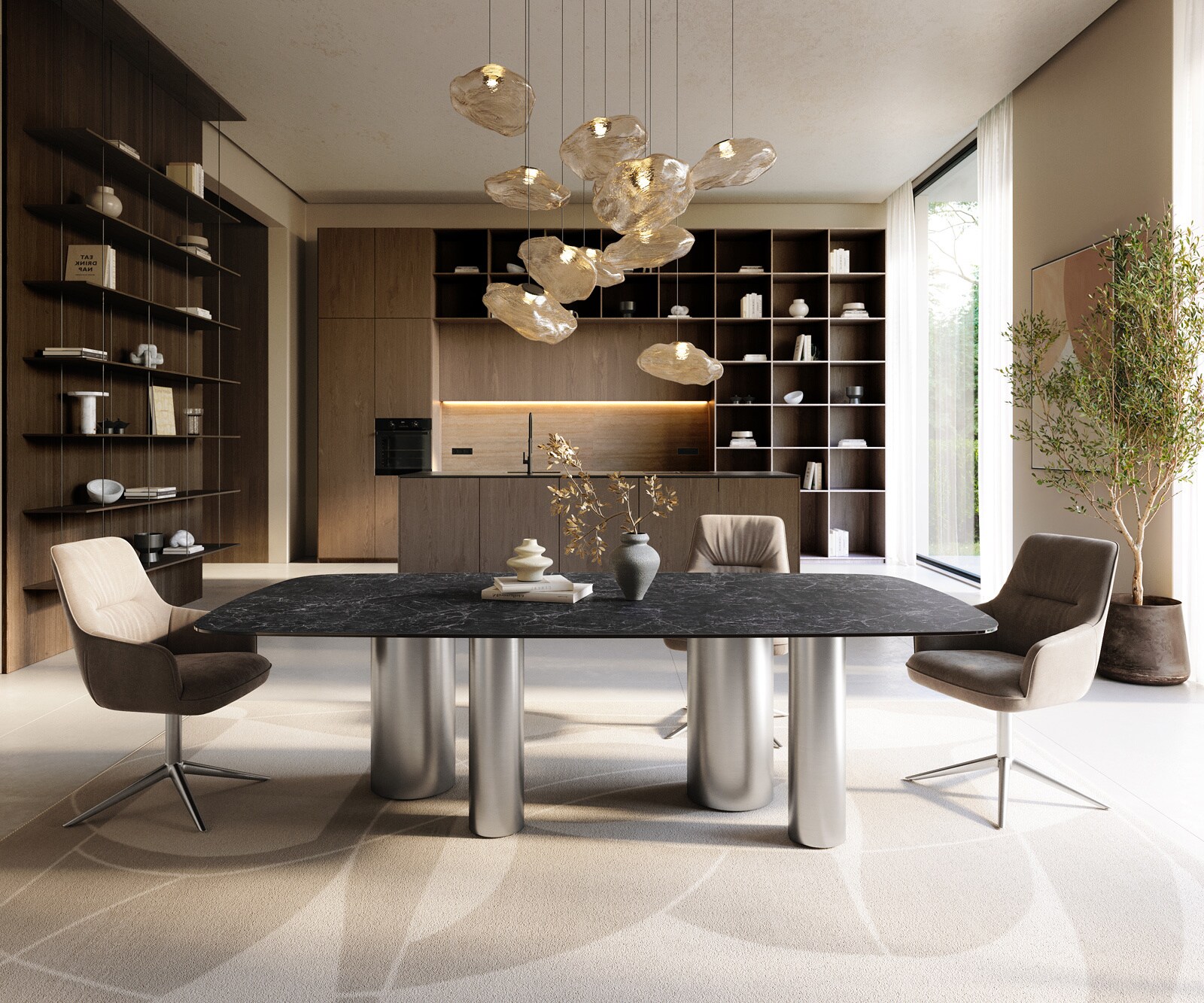 Eettafel Edge Boot 240x120 cm Keramiek Laminam® Nero Greco Anthrazit Pilier Roestvrij staal gebürstet 1