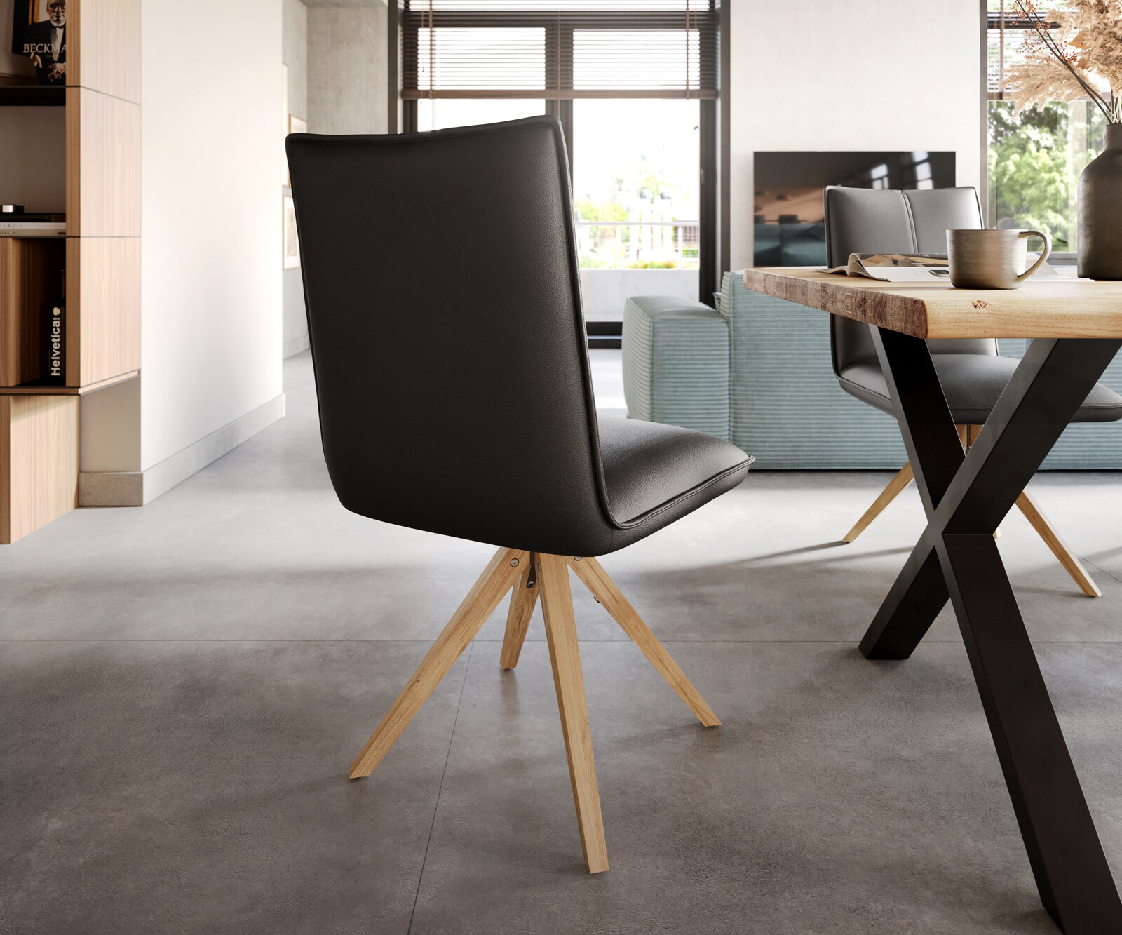 Eetkamerstoel Lelio-Flex echt leer zwart houten frame hoekig natuur 360° draaibaar pocketveer kern 4
