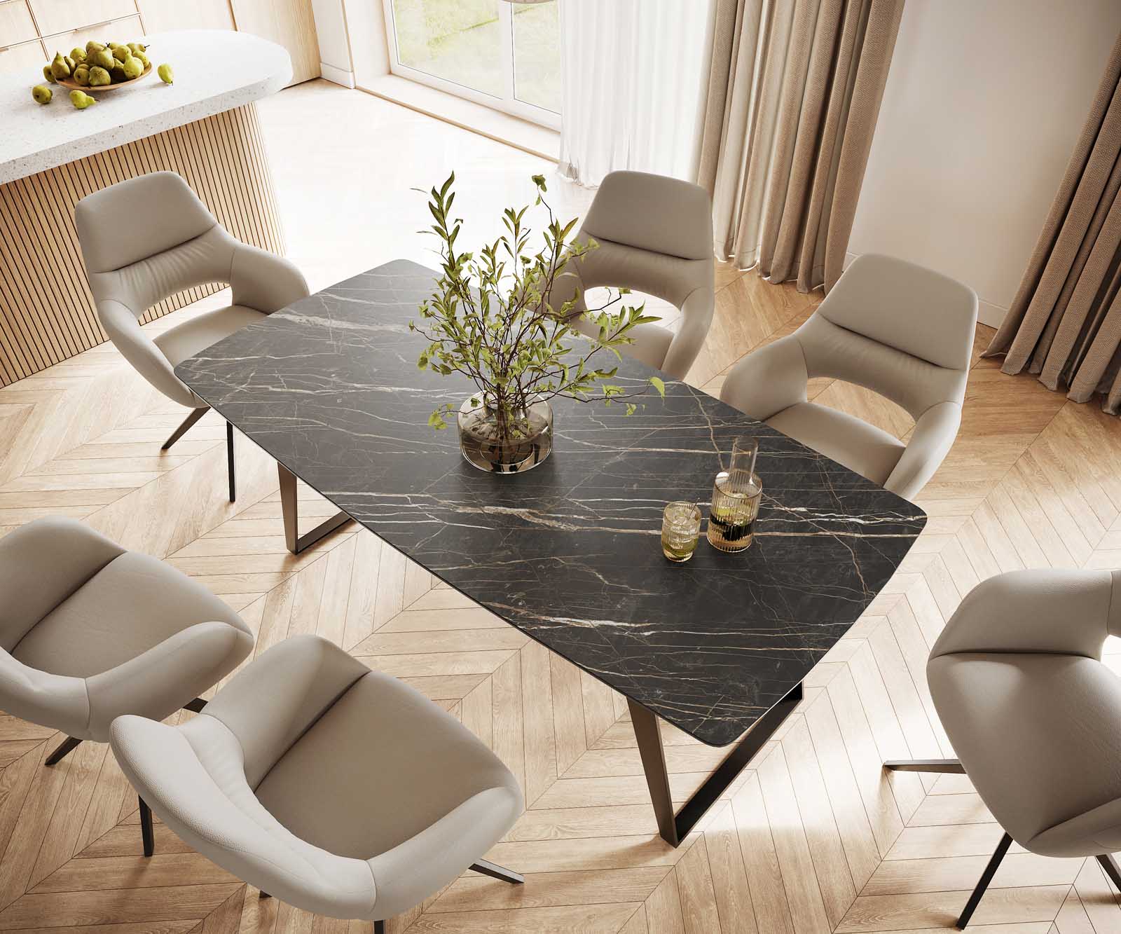 Eettafel Edge Bootsform 200x100 keramiek Laminam® Noir Desir bruin metaal schuin zwart 3