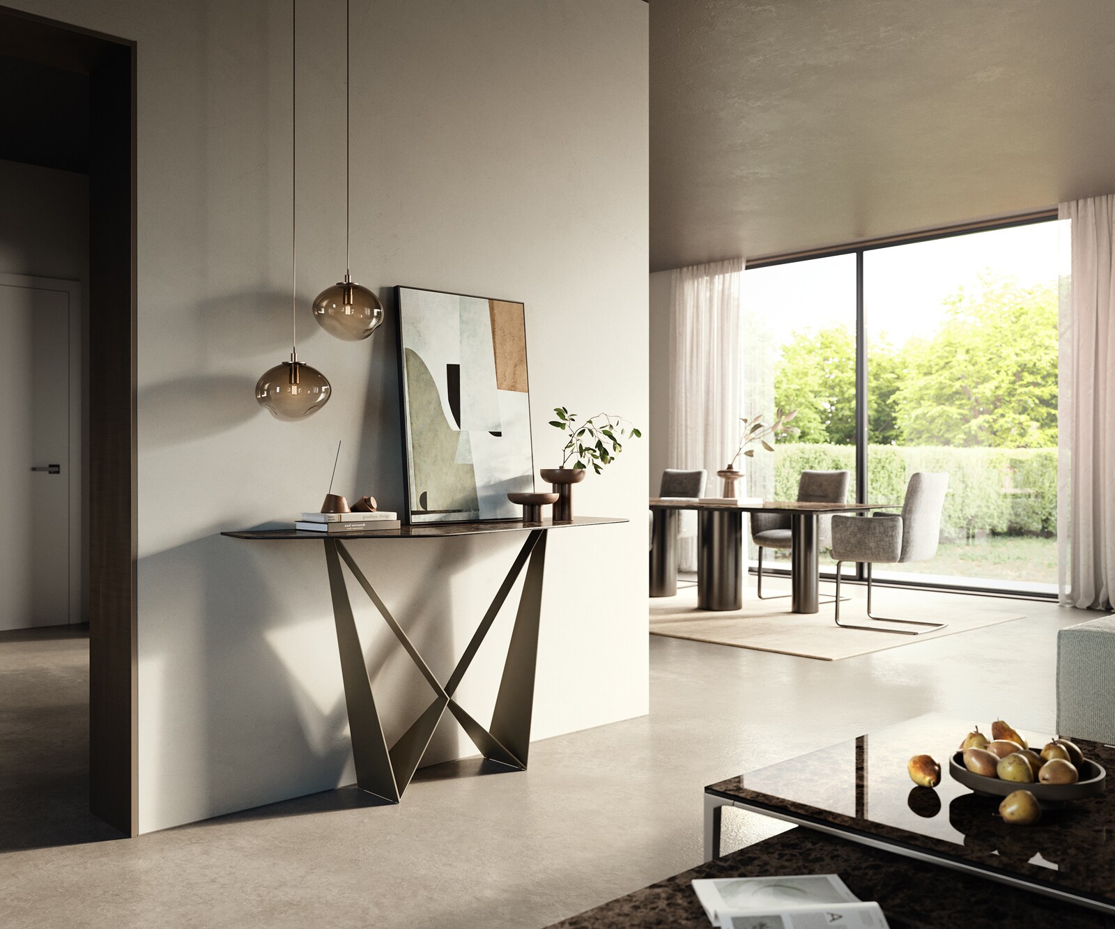 Consoletafel Edge Polygonaal 140x50 cm Keramiek Emperador Extra Lucidato Dunkelbraun Spios Metaal Effektfinish Titan 6