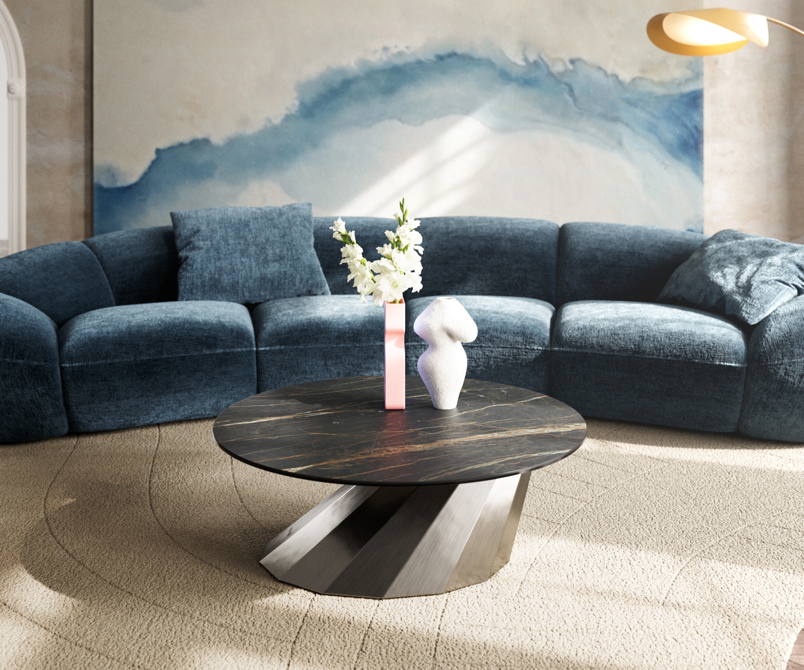 Salontafel Edge rond 90x90 cm keramiek Laminam® Noir Desir bruin Parabi geborsteld roestvrij staal 2