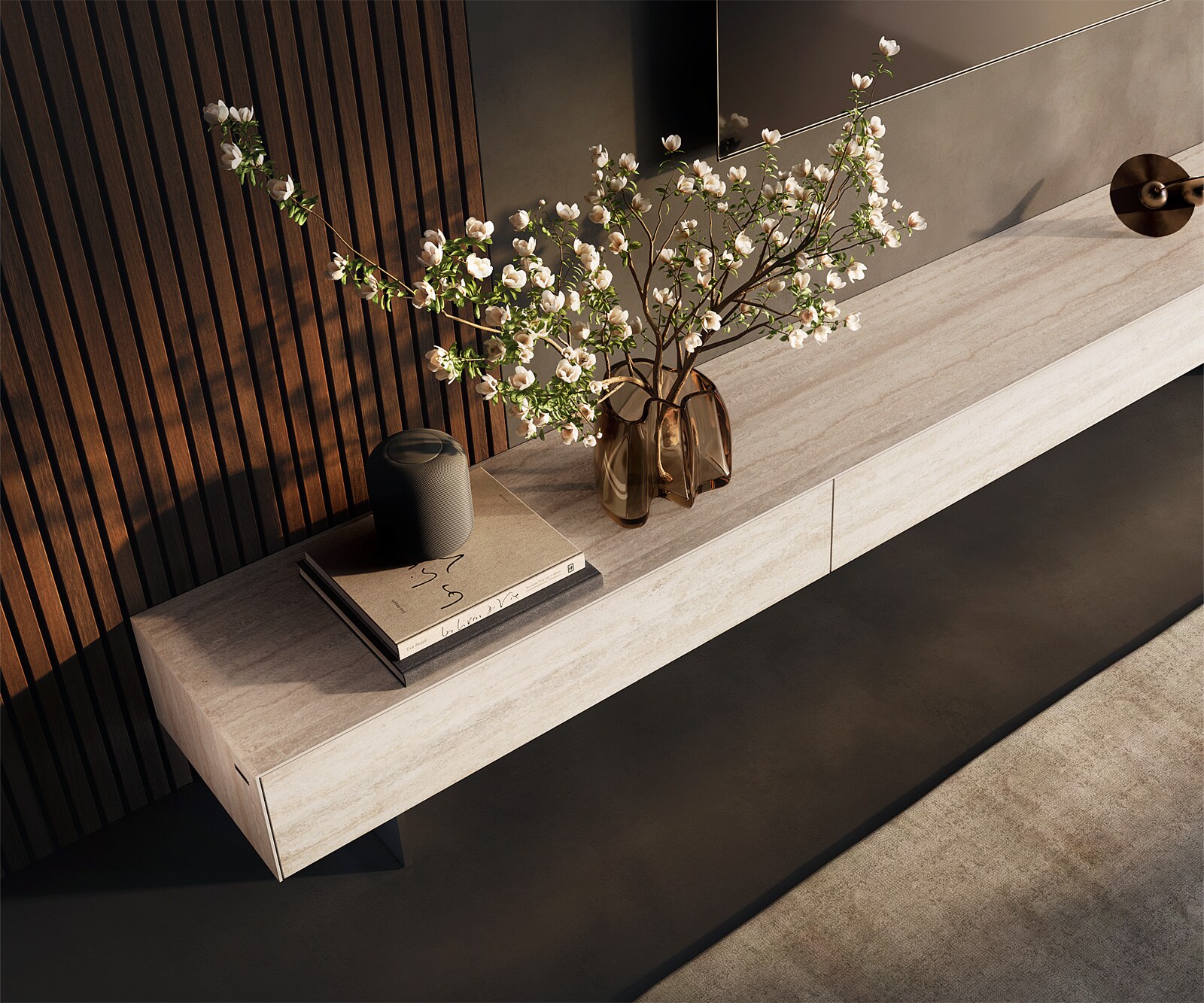 Tv-meubel Cuor 250 cm Keramiek Laminam® Travertino Bianco Crème-wit 1 Flap 1 Lade Zwevende voet look Roestvrij staal 4