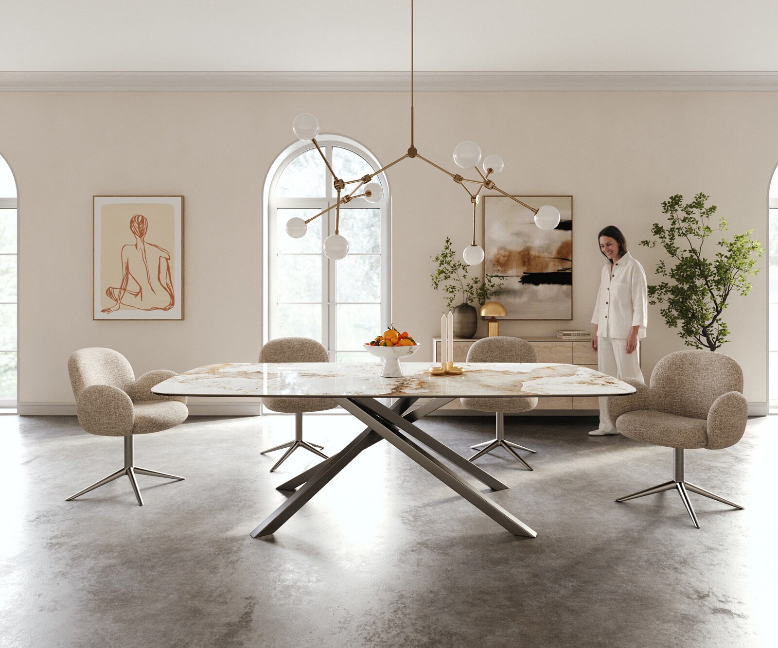 Eettafel Edge Boot 240x120 cm Keramiek Minas Melange Wit-Beige kruisonderstel Rechthoek Roestvrij staal Grafiet 1