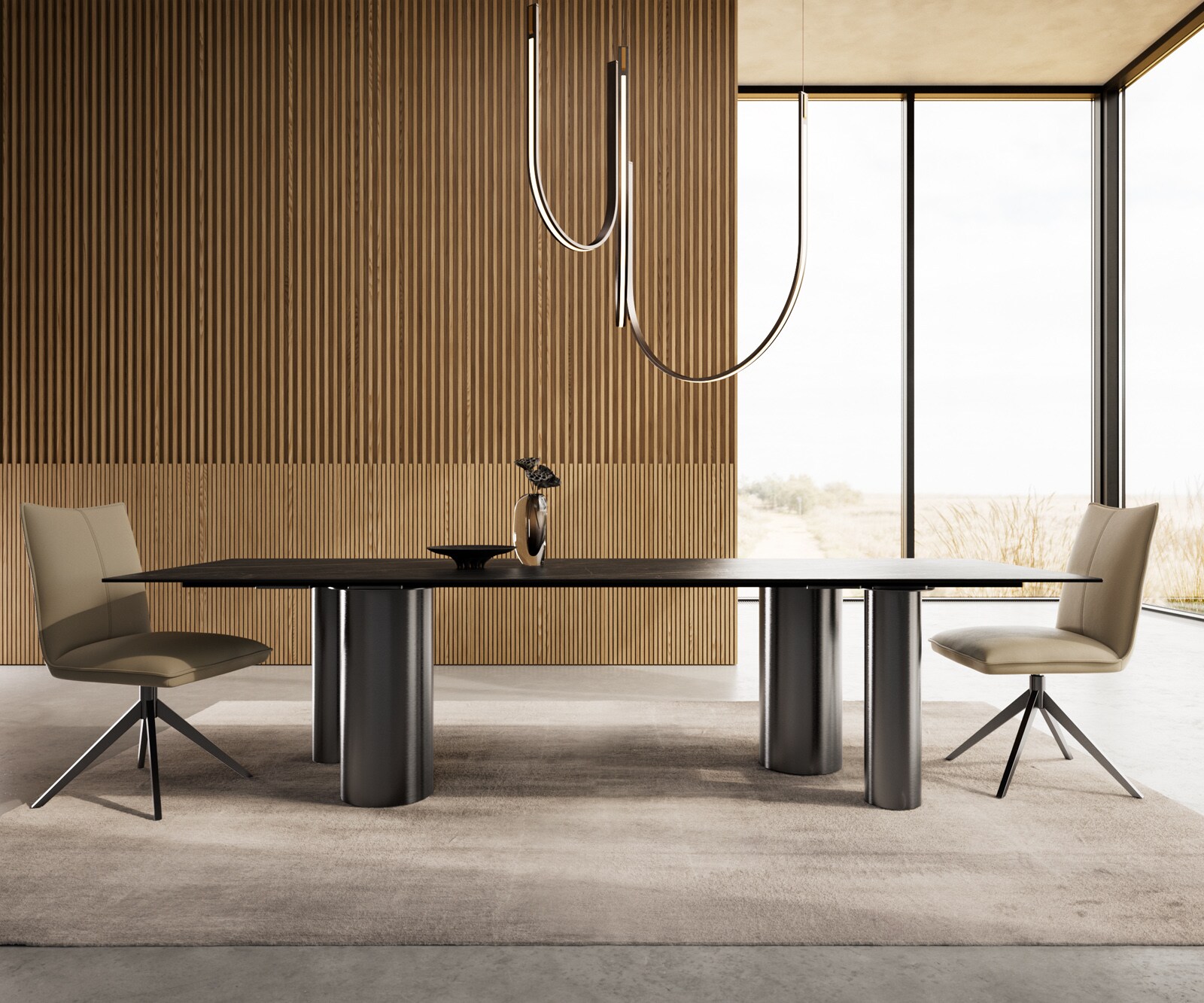 Eetkamertafel Edge 300x100 keramiek Laminam®Noir Desir bruin Pilier roestvrij staal grafiet 1