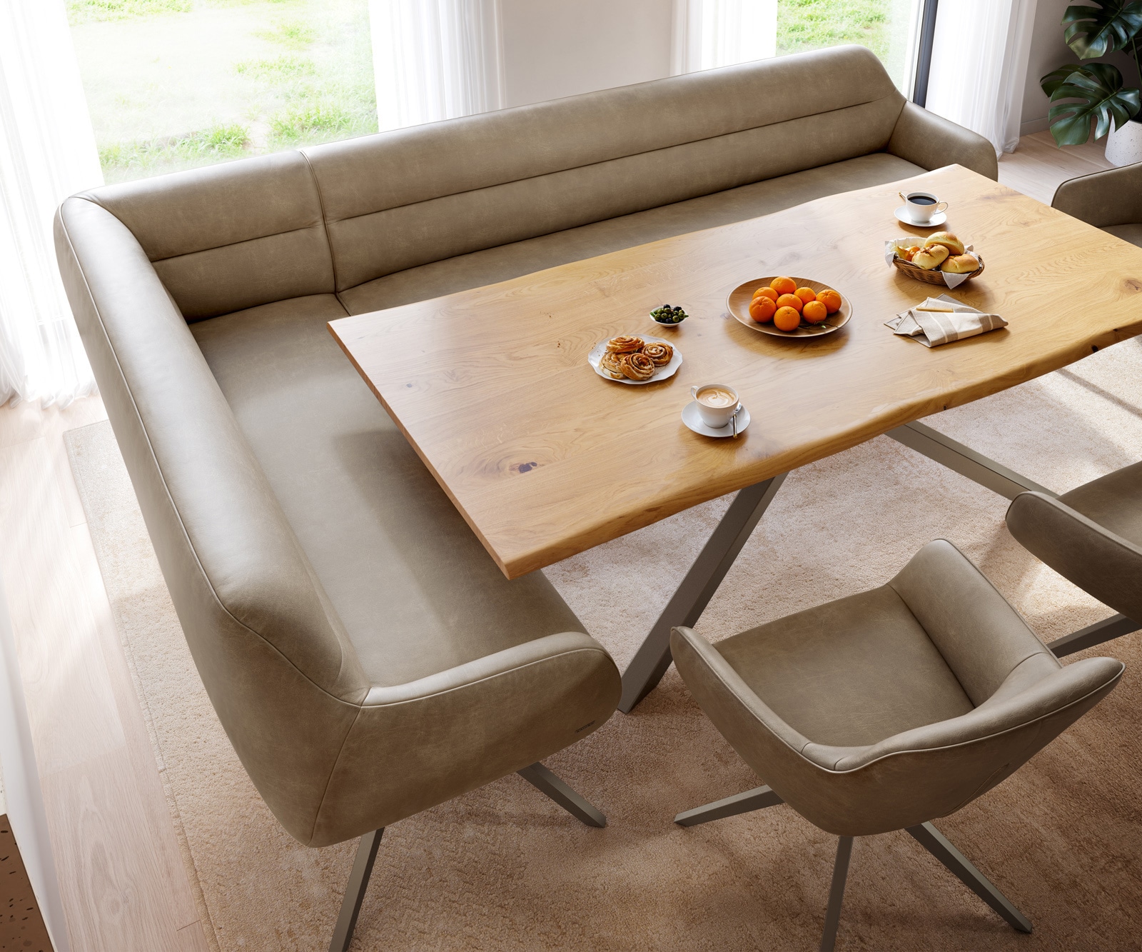 Eetkamerbank Taya-Flex 285x190 cm microvelours beige vintage hoekig kruisframe afwerking met titaniumeffect pocketvering rechts 4