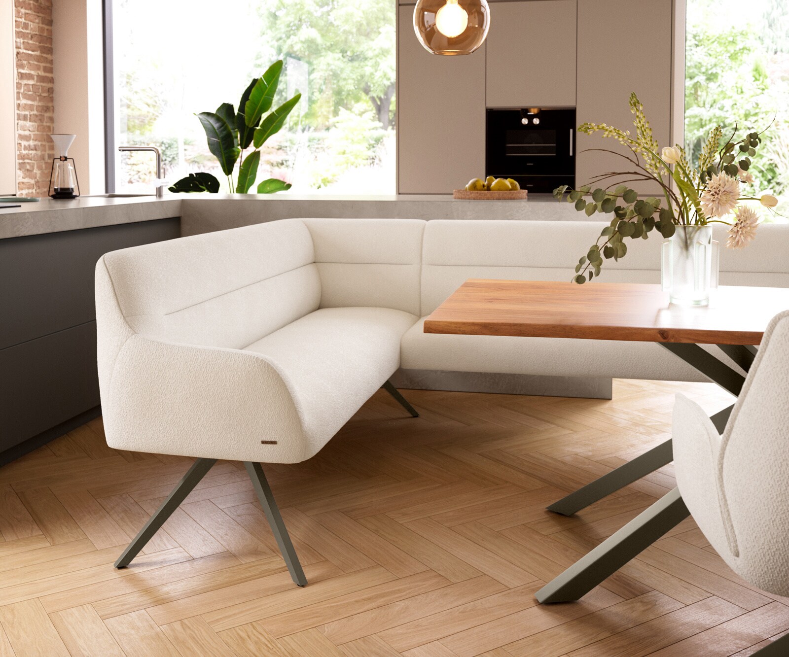 Eetkamerbank Taya-Flex 285x190 cm bouclé crème-wit hoekig kruisframe afwerking met titaniumeffect pocketvering links 5