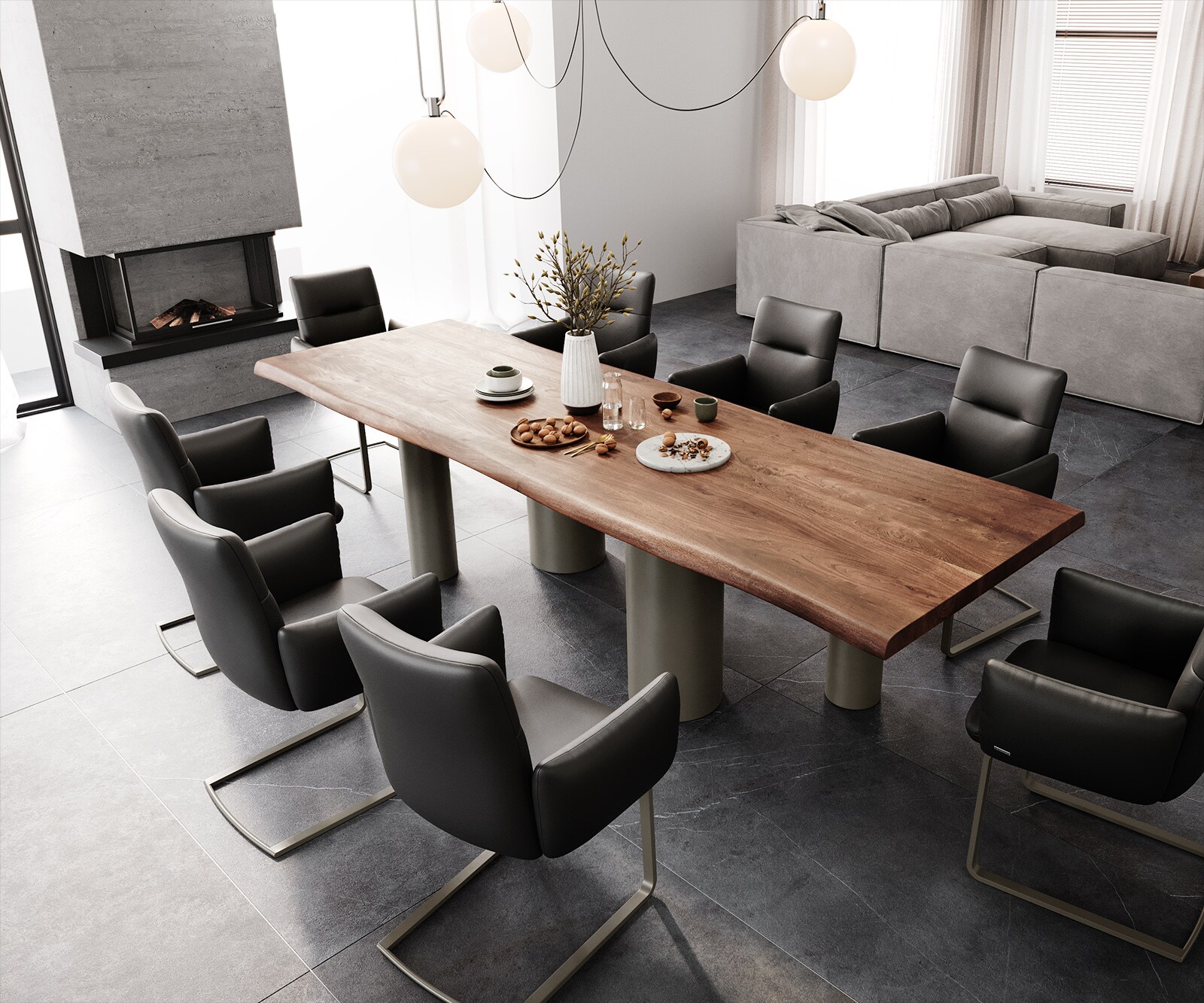 Eetkamertafel Edge 300x100 XL acacia bruin Pilier metaal effectafwerking titaan Live-Edge 4