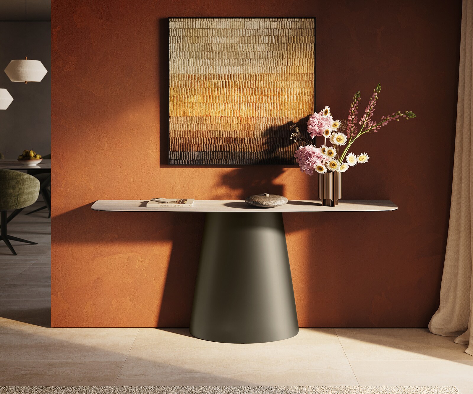 Consoletafel Edge Bootvorm 180x40 cm Keramiek Laminam® Travertino Bianco Creme-Weiß Conos Metaal Effektfinish Titan 2