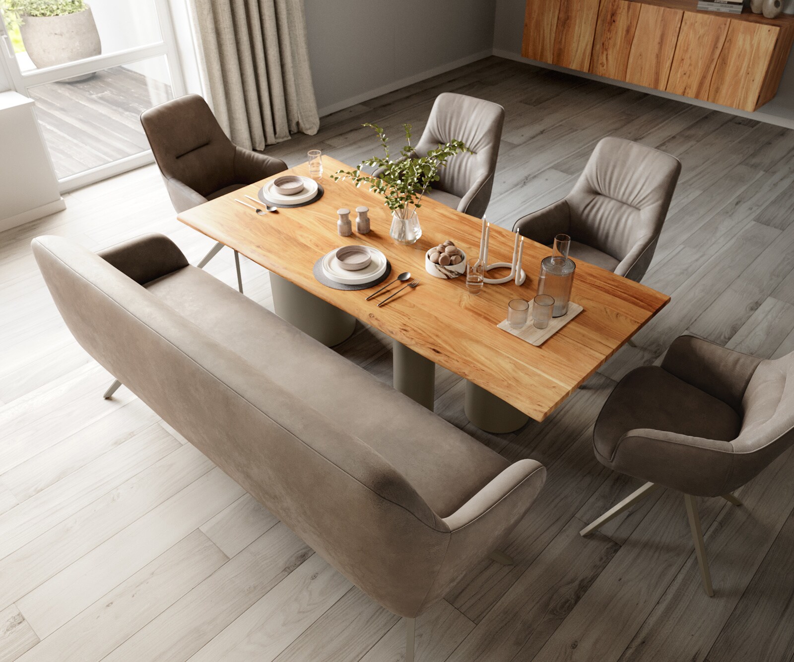 Eetkamerbank Taya-Flex 200 cm microvelours taupe vintage hoekig kruisframe afwerking met titaniumeffect pocketvering 3