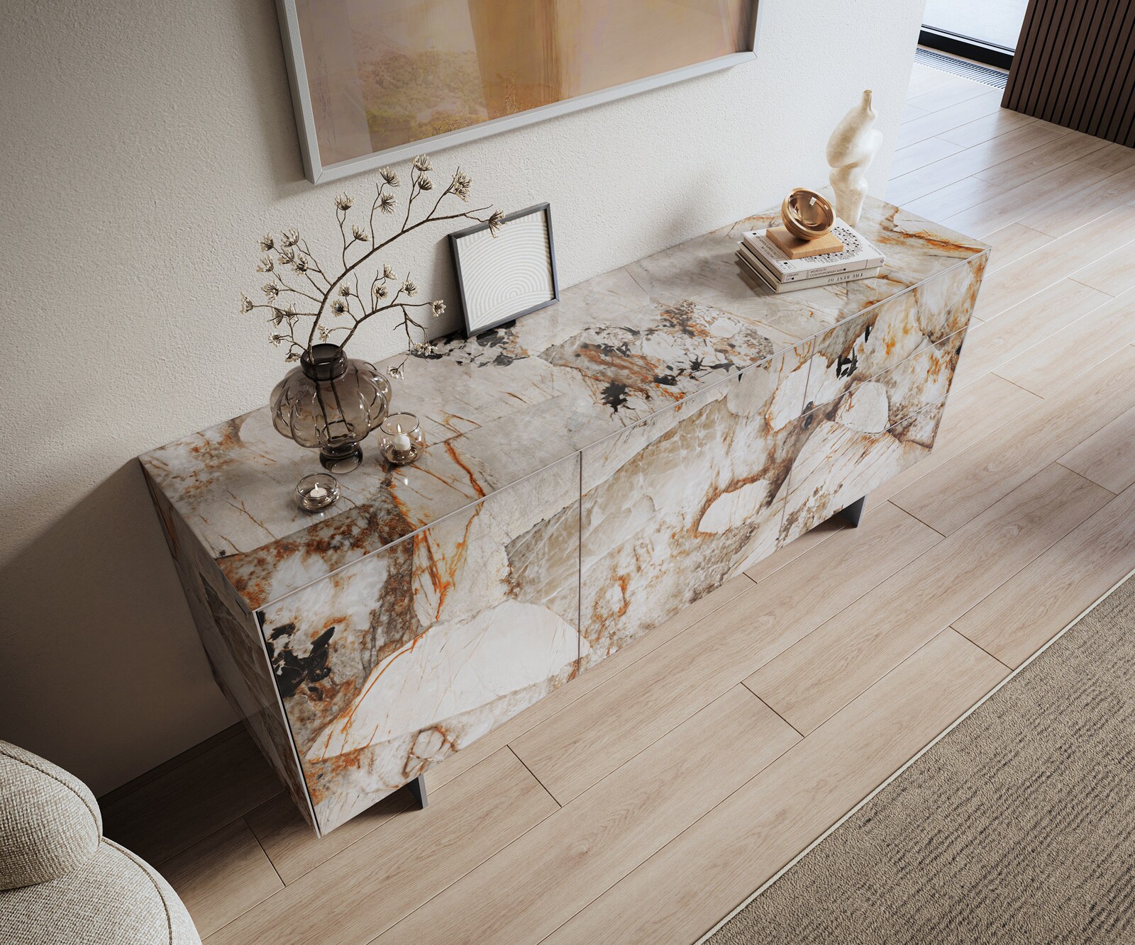 Dressoir Cuor 180 cm Keramiek Patagonia gepolijst 2 Deuren 3 Laden Zwevende voet look Roestvrij staal 4