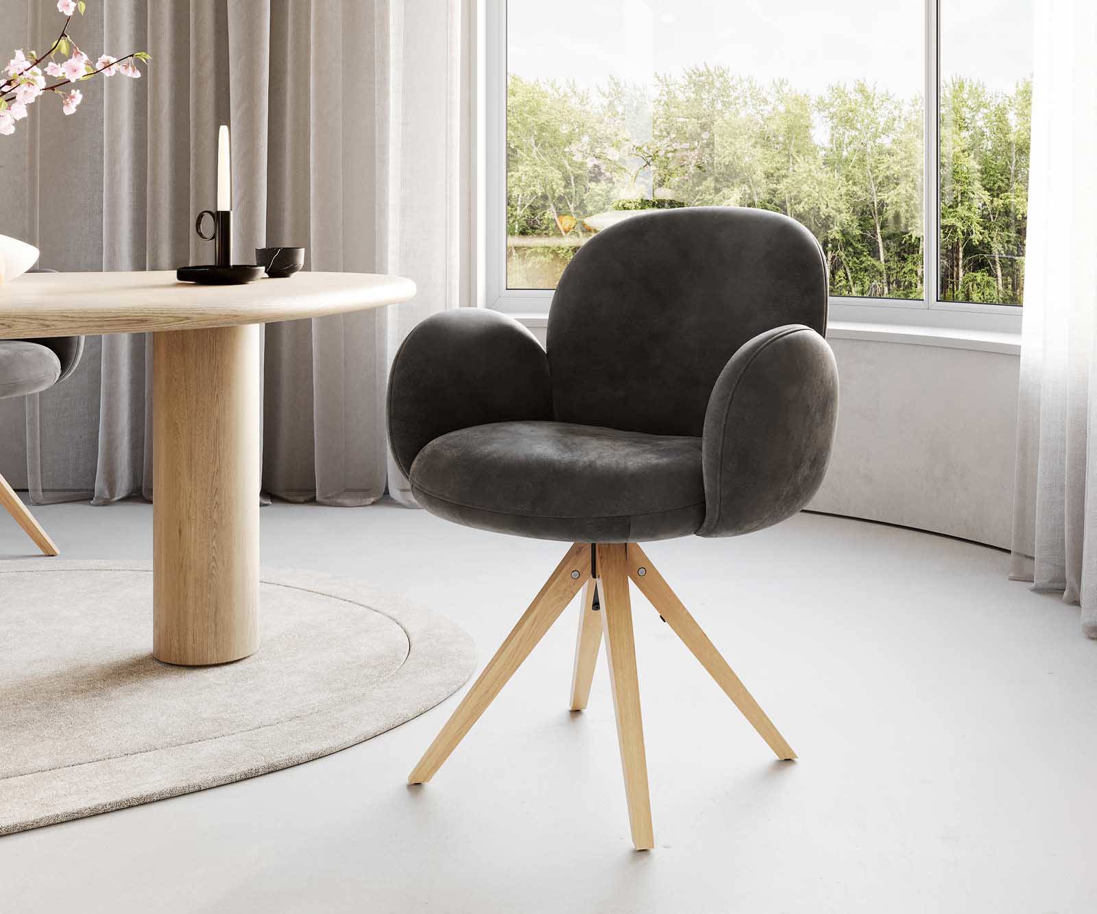 Draaistoel Nube-Flex met armleuning microvelours antraciet vintage houten frame hoekig natuur 180° draaibaar pocketveer kern