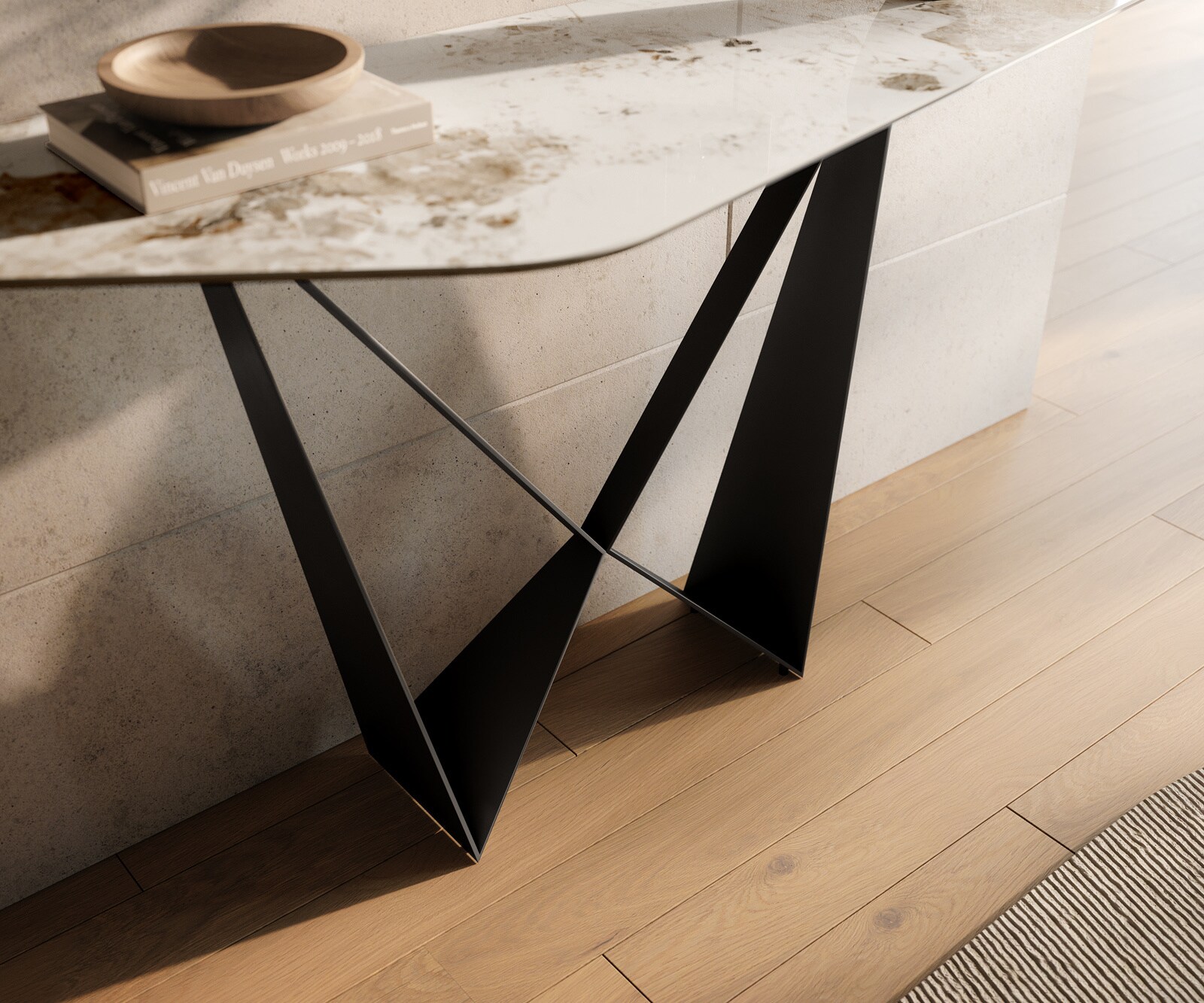 Consoletafel Edge Polygonaal 140x50 cm Keramiek Minas Melange Weiß-Beige Spios Metaal Zwart 6