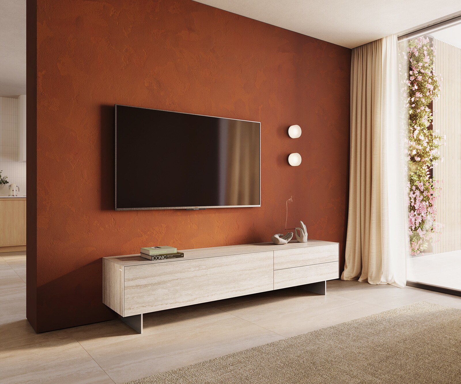 Tv-meubel Cuor 220 cm Keramiek Laminam® Travertino Bianco Crème-wit 1 Flap 2 Laden Zwevende voet look Roestvrij staal 1