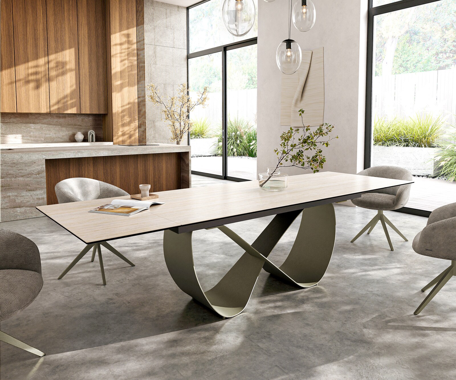 Eettafel Edge 200-300x100 keramiek  Laminam® Travertino Bianco Creme-wit Infinity metaal effectafwerking Titan uitrekbaar
