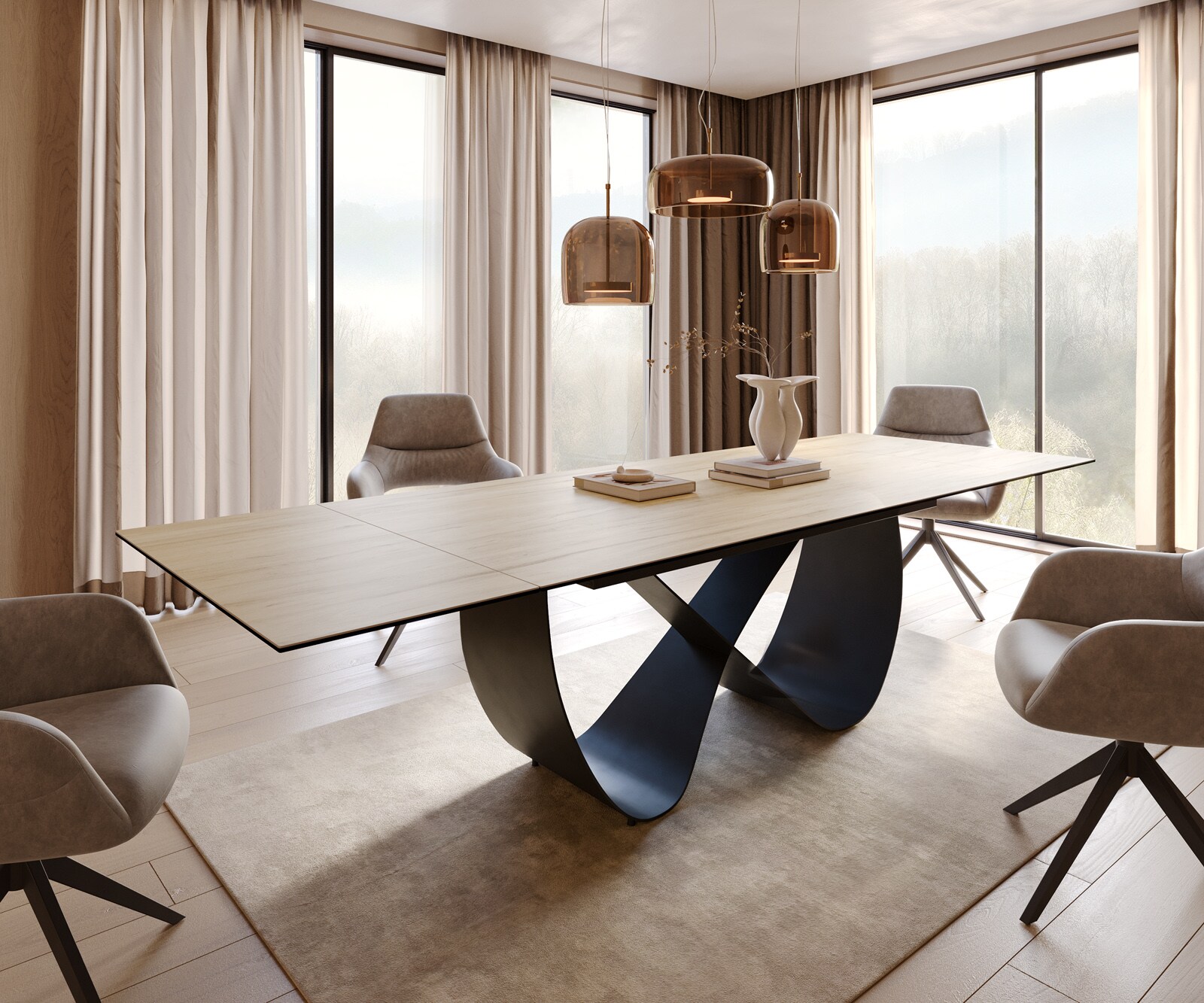 Eetkamertafel Edge 200-300x100 cm Keramiek Laminam® Sabbia eikenkleurig Infinity Metaal Zwart uitschuifbaar