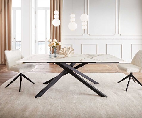 Eetkamertafel Edge 200x100 keramiek Calacatta Luxe wit-goud-grijs kruisframe rechthoek zwart