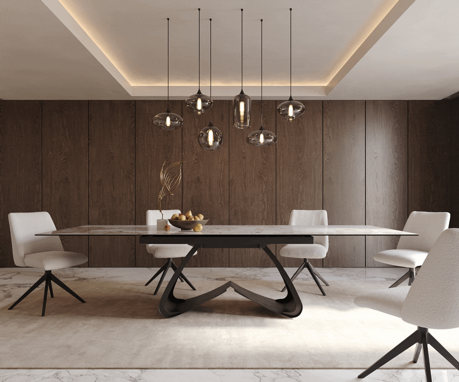 Eetkamertafel Edge 200-300x100 keramiek Minas Melange wit-beige W-frame zwart uitschuifbaar 1