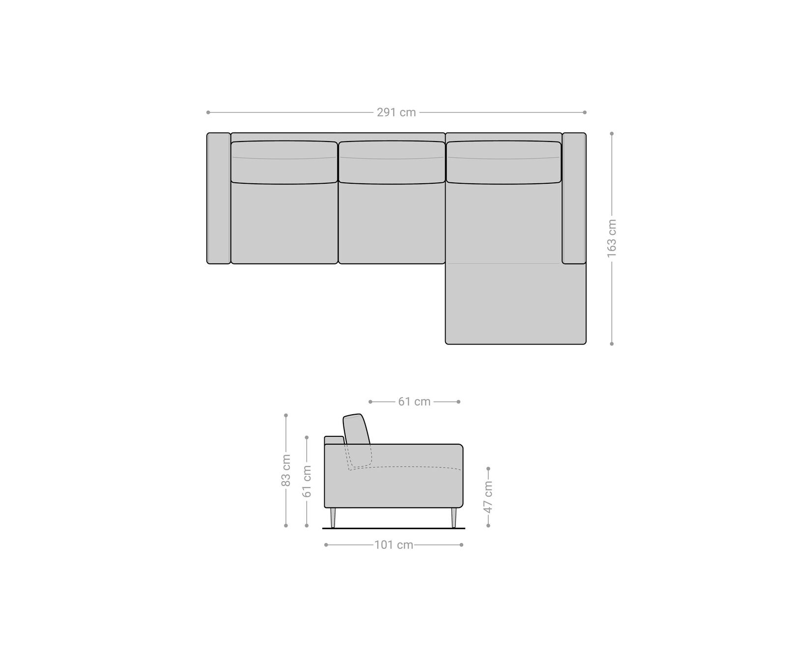 Hoekbank Sottil 290 x 165cm Chenille grijs recamiere rechts 5