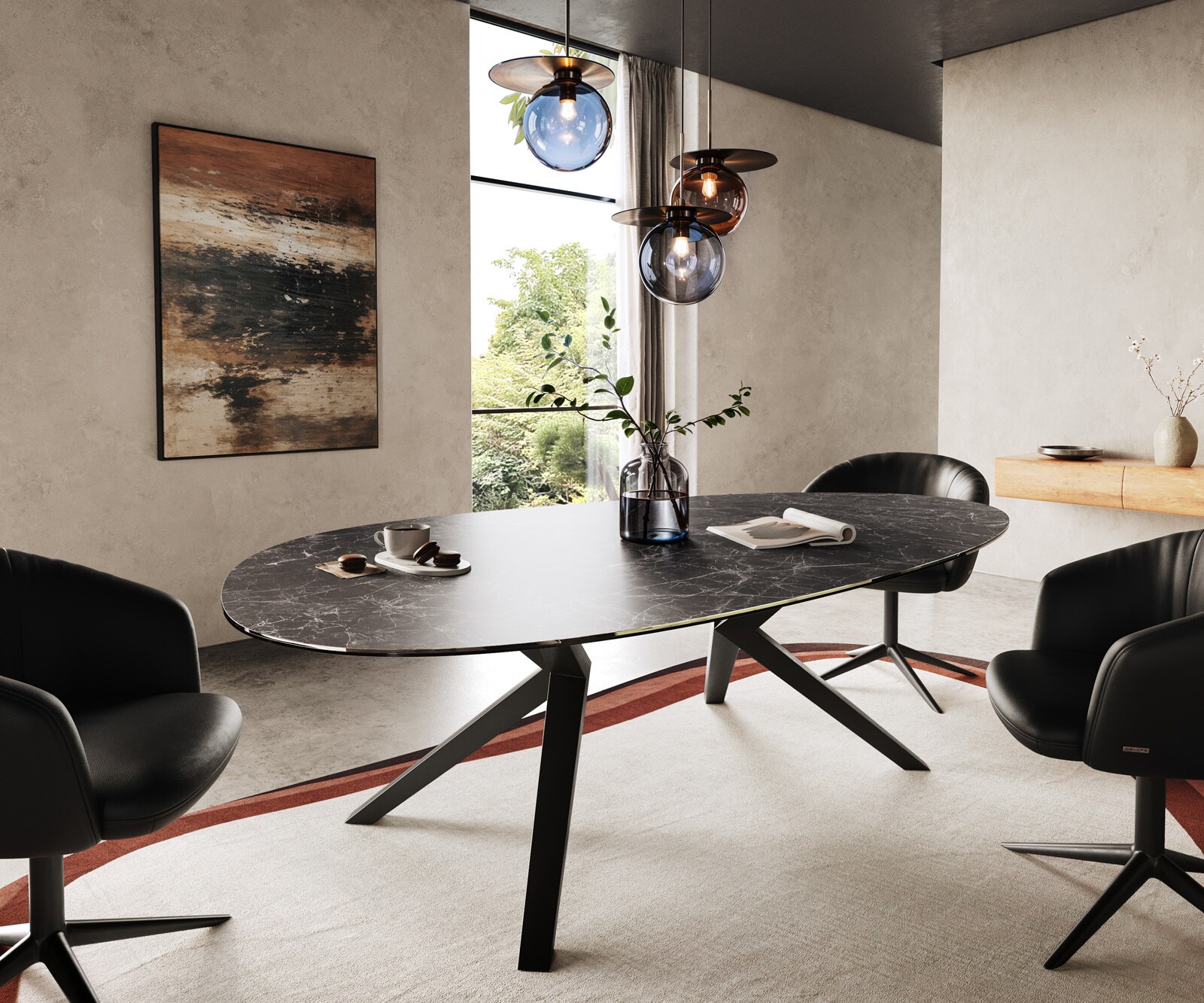 Eetkamertafel Edge ovaal 220x120 Laminam® keramiek Nero Greco Anthrazit Zenthara hoekig metaal zwart