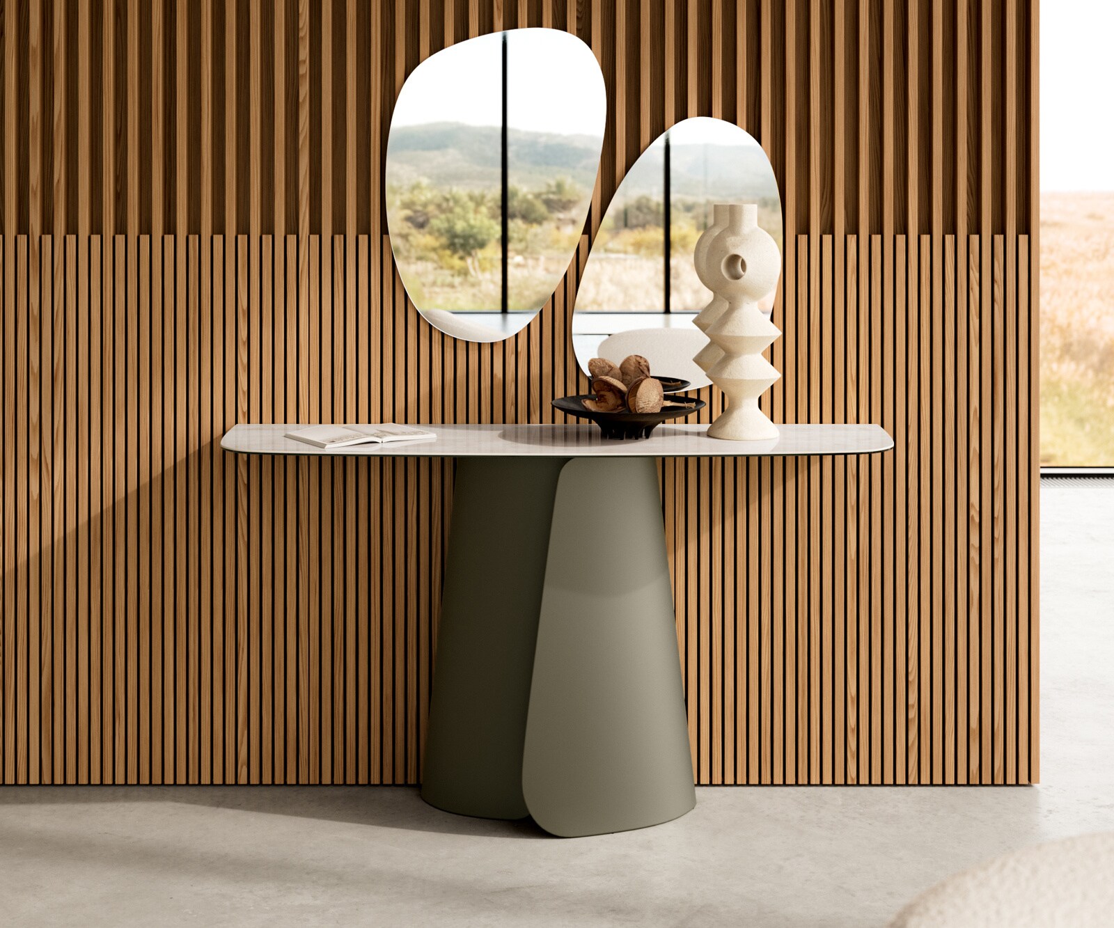 Consoletafel Edge Bootvorm 140x40 cm Keramiek Onyx Champagne Livos Metaal Effektfinish Titan 1